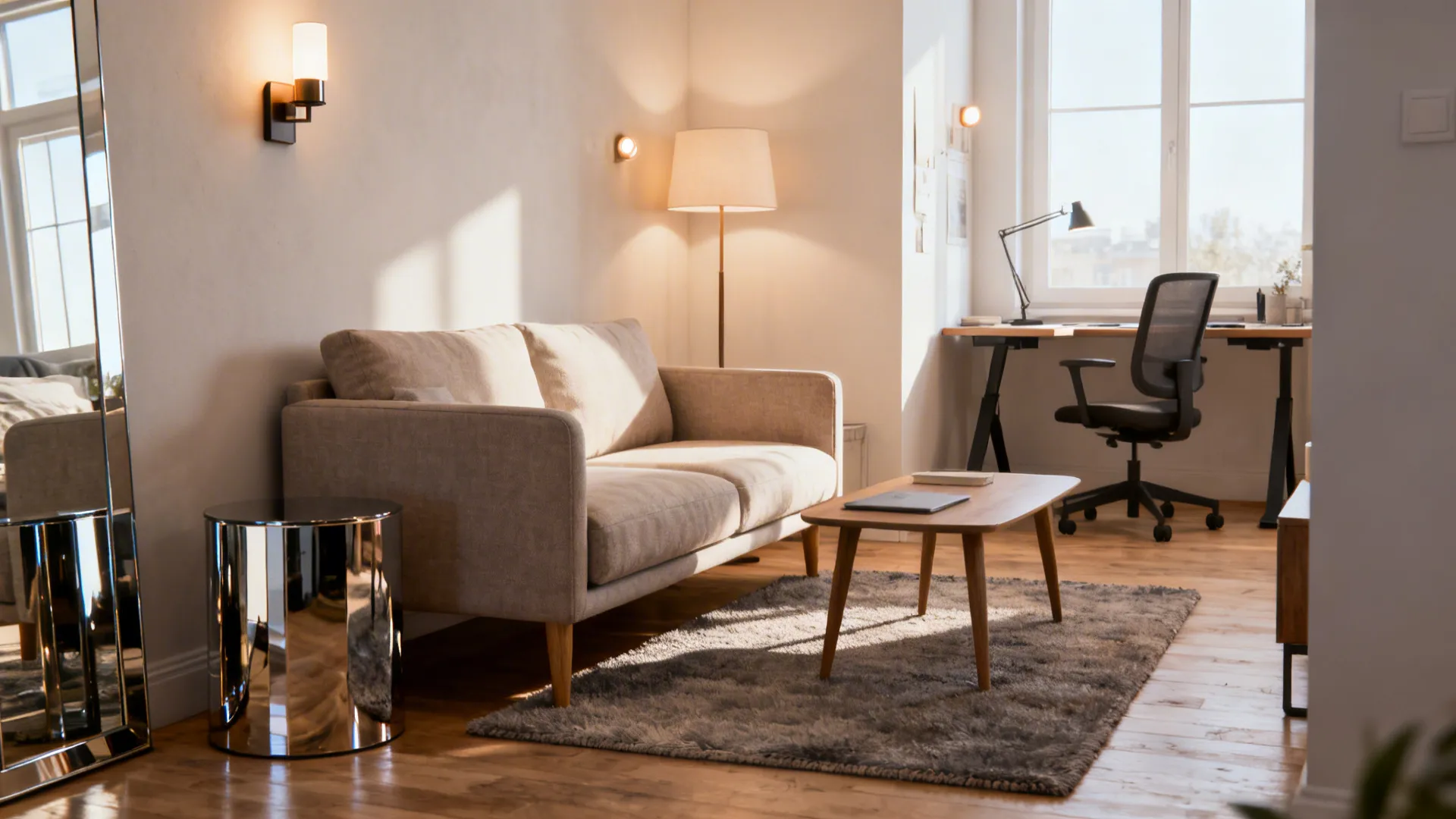 Small living room demonstrating circulation space, layered lighting, a defined rug zone, and compact ergonomic furniture.