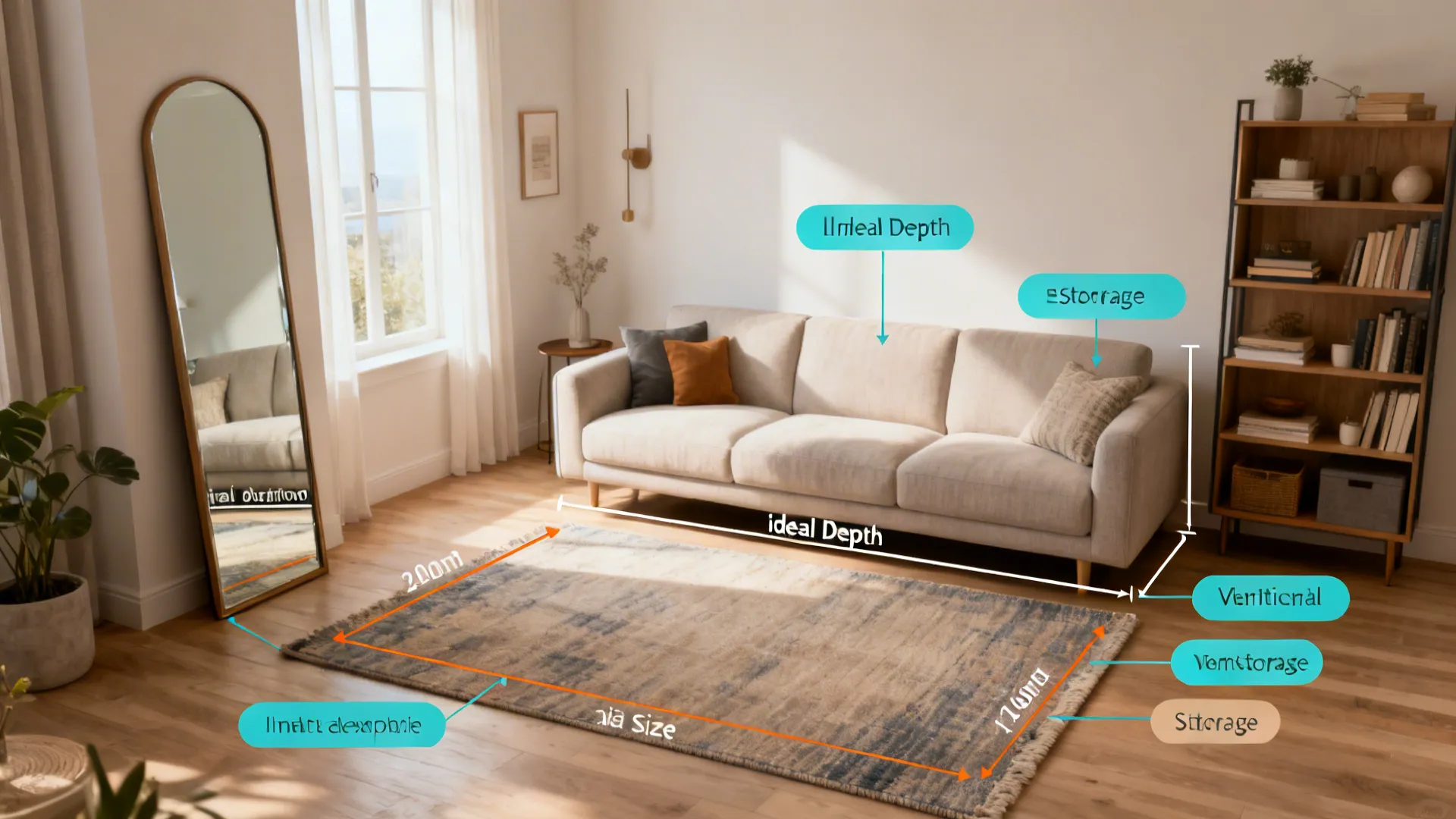Annotated small living room showing sofa depth, rug size, vertical storage and mirror placement tips