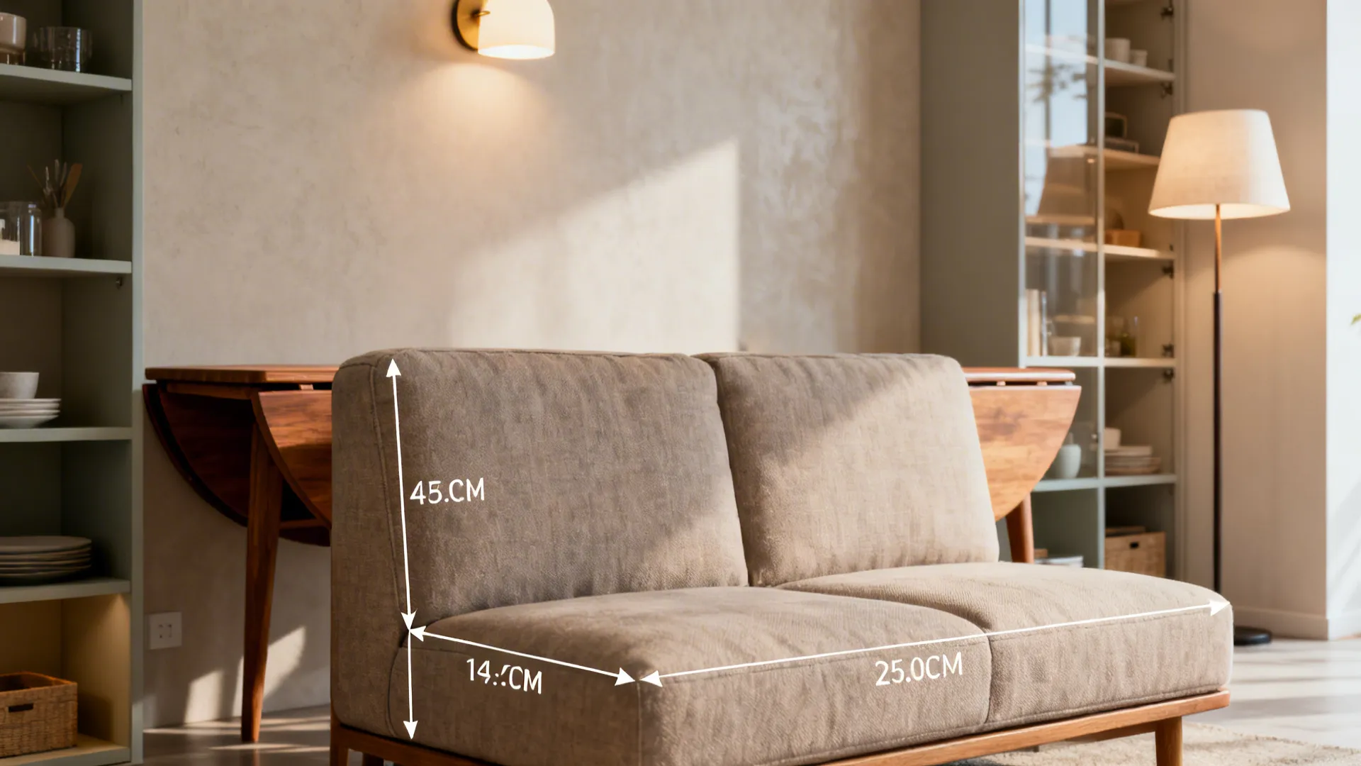 Composite showing sofa measurements, drop-leaf table, layered lighting, and shelving solutions for small living rooms