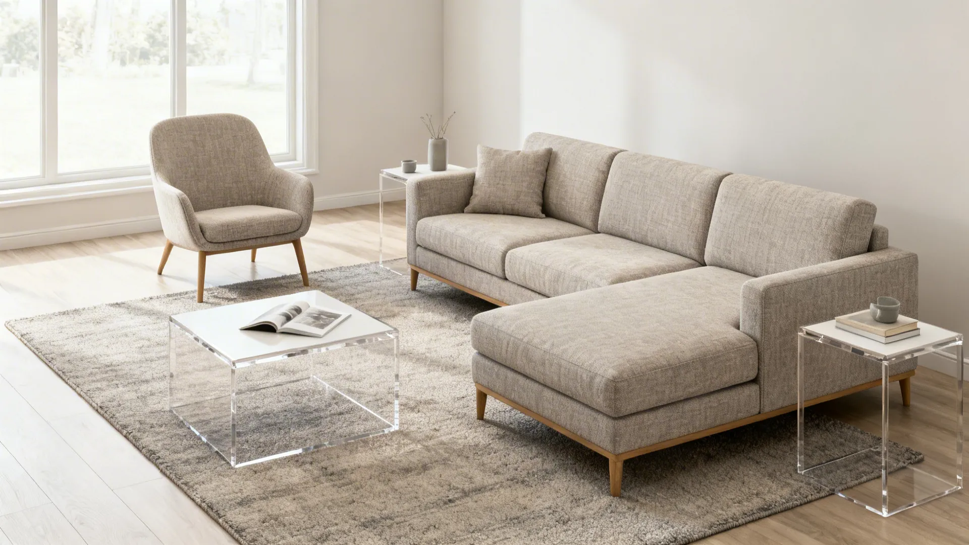 Small living room vignette with right-sized loveseat, performance fabric, nesting tables, and clear pathways.