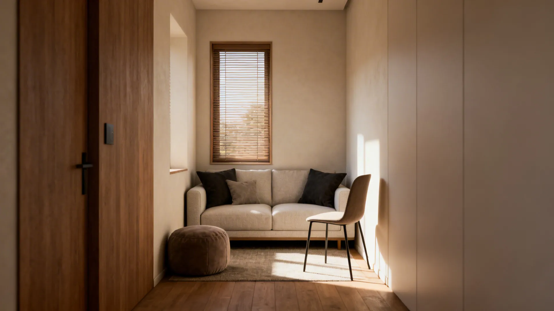 Compact living room showing recommended walkways, mixed seating, and sightlines