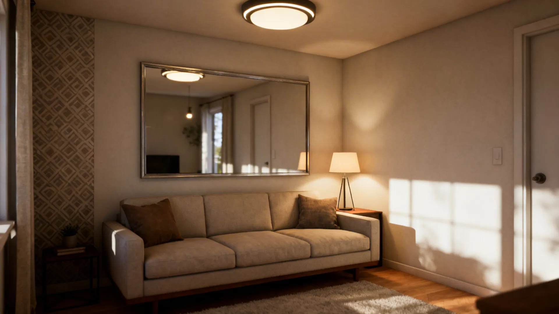 Cozy living area with a grey sofa large wall mirror table lamp and ceiling light