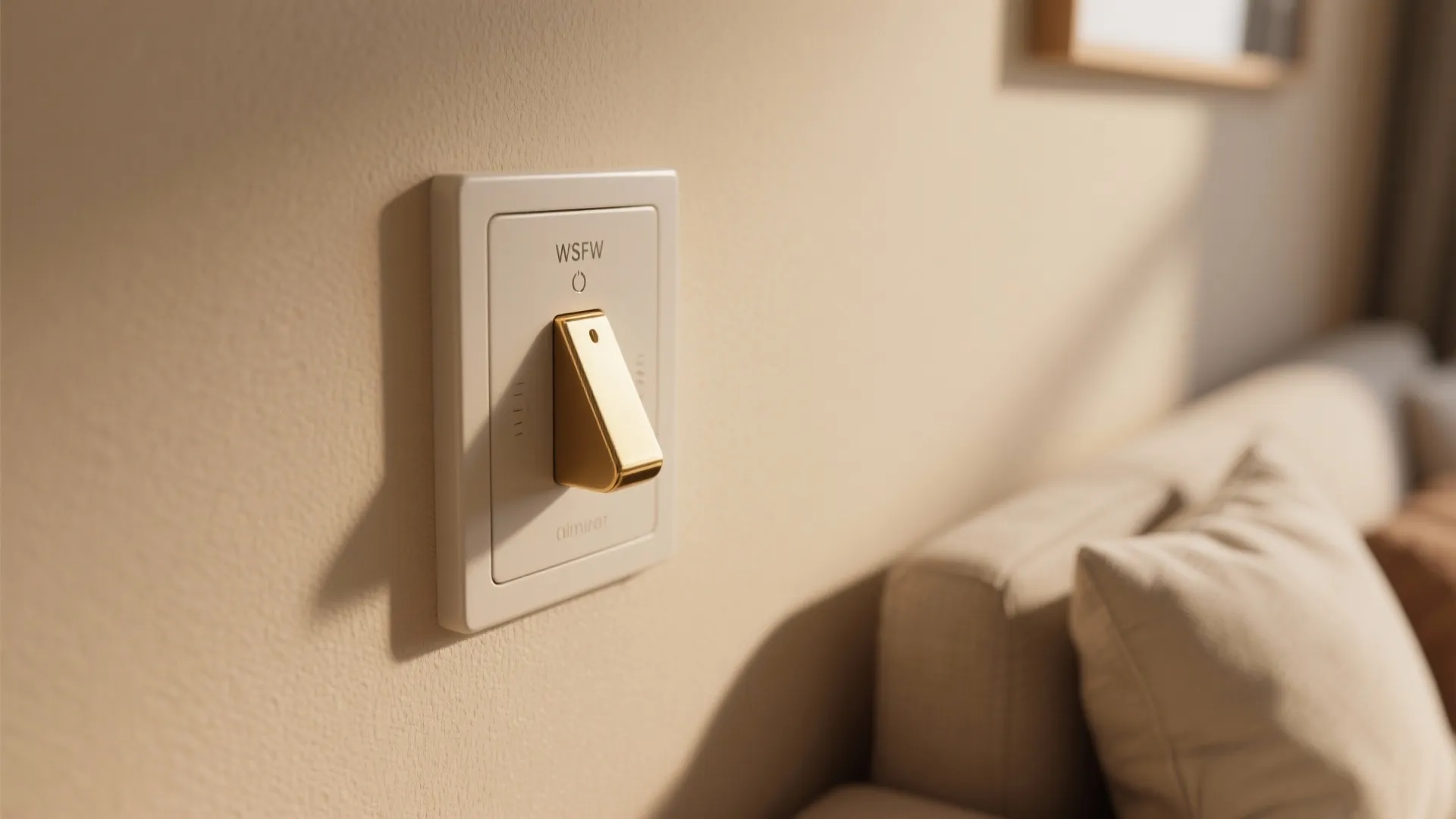 Close up view of a gold light switch on a beige wall next to a sofa