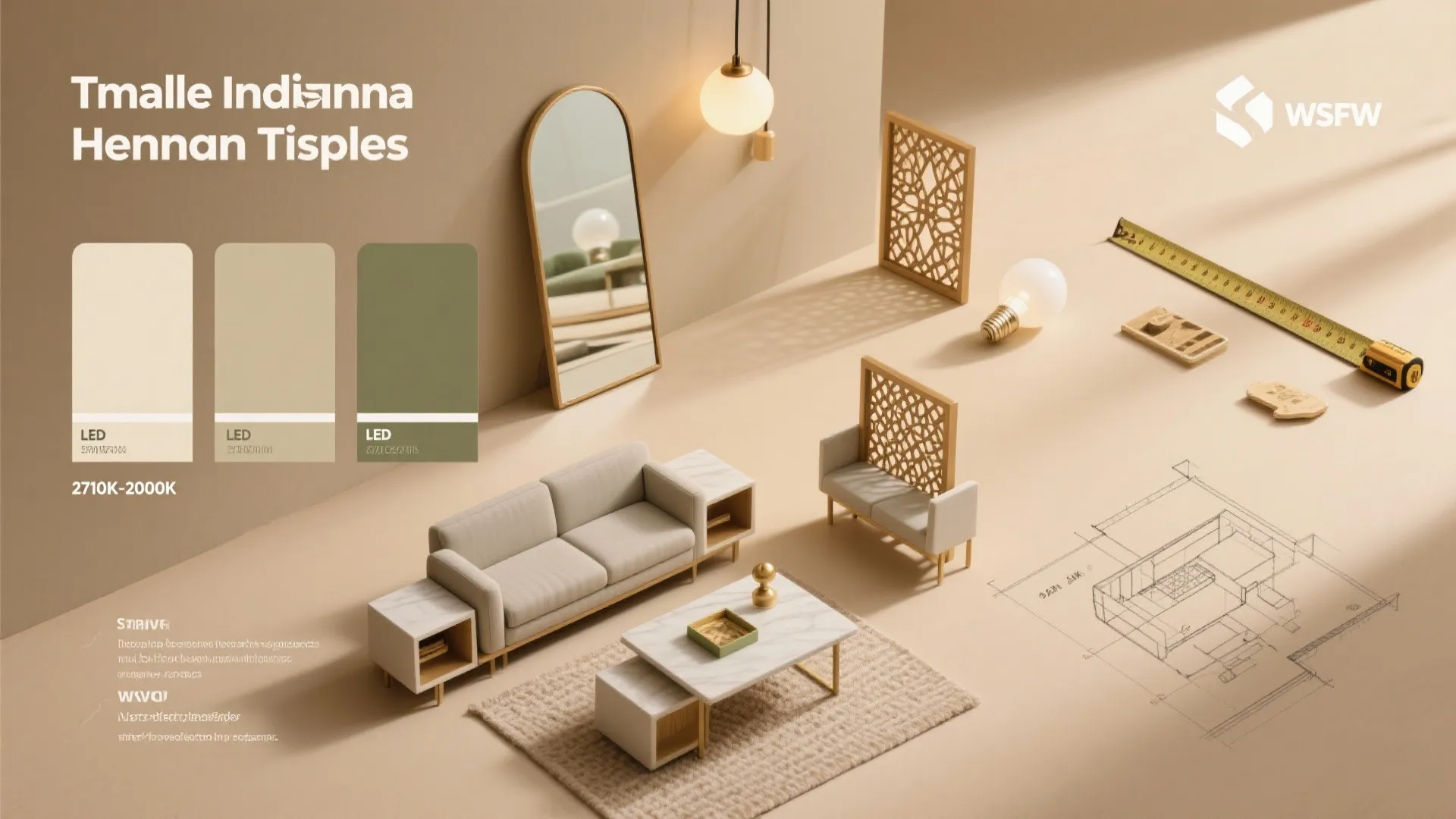 Interior design planning layout with sofa coffee table mirror color swatches and a measuring tape tool