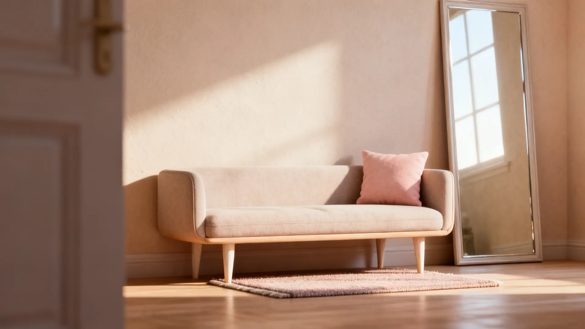 Cozy small living room vignette showing light neutrals, mirror, rug and slim sofa illustrating FAQ tips