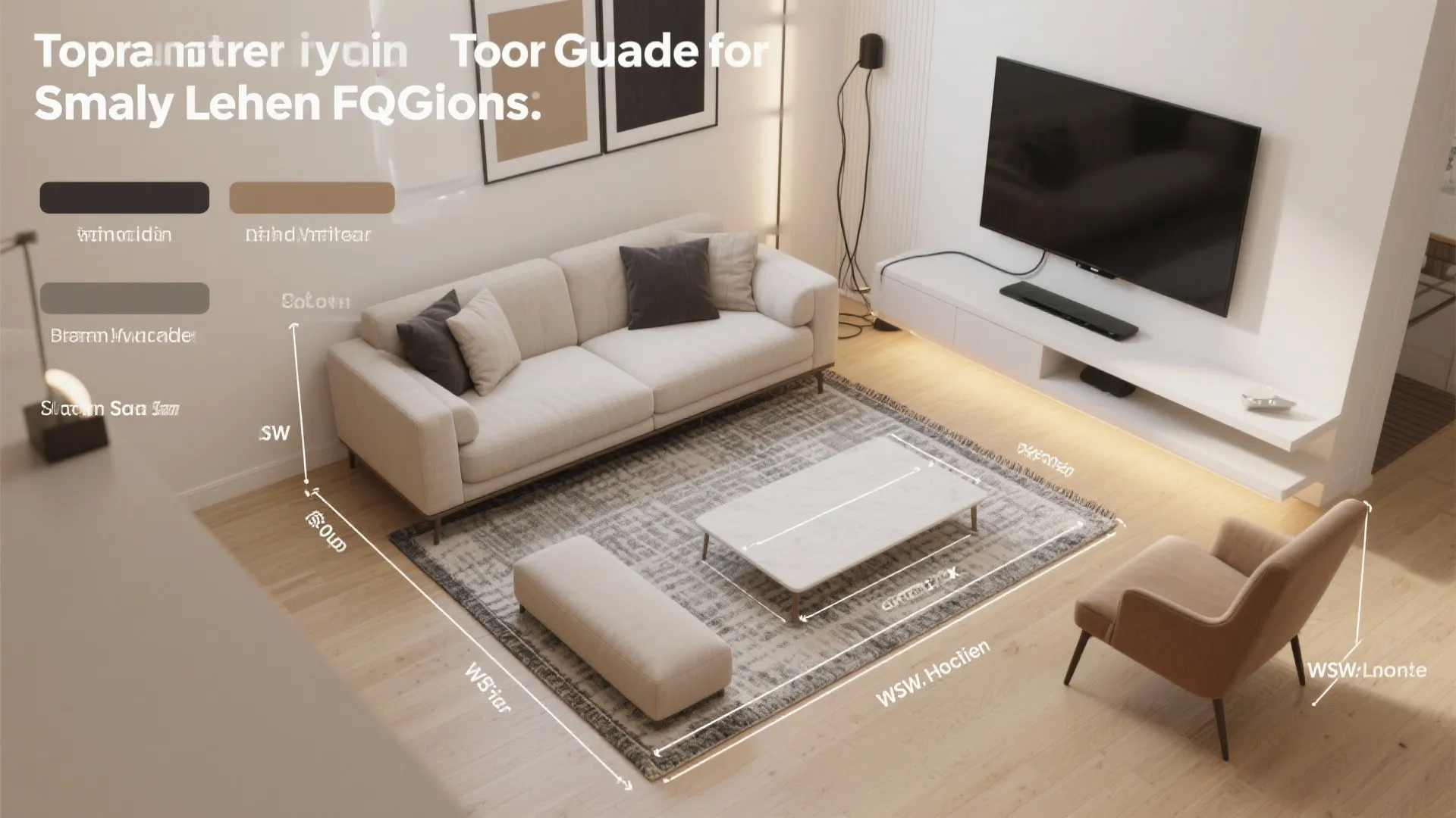 Top-down guide showing compact sofa sizing, rug placement, narrow seating layout, neutral palette, and cable routing.