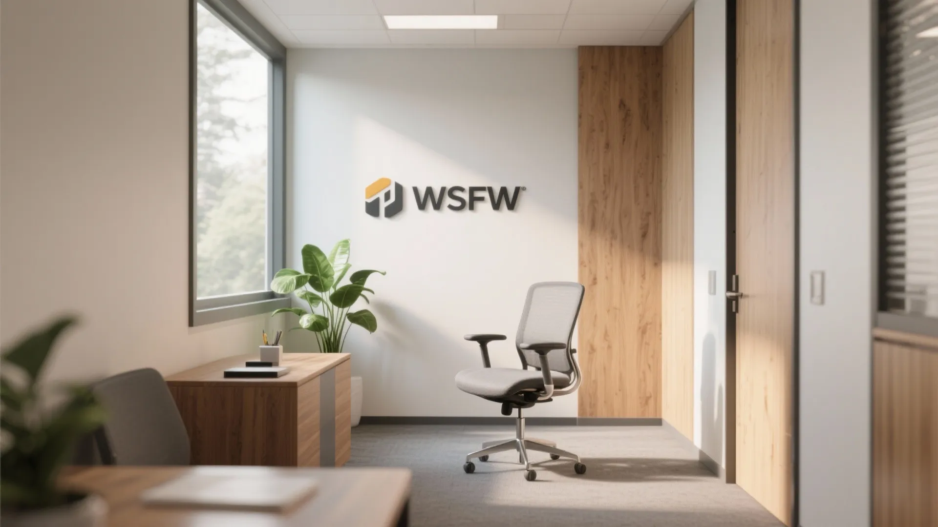 Small professional office interior with a focal chair, plant and subtle sign conveying a budget-friendly but polished workspace.