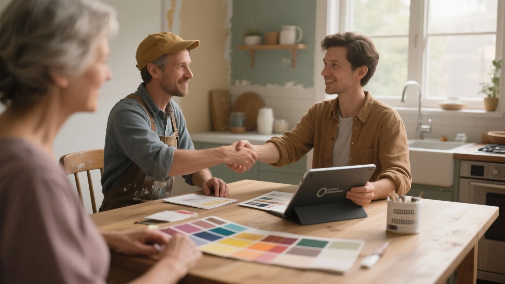 Professional house painter shaking hands with a happy client over color swatches and digital tablet