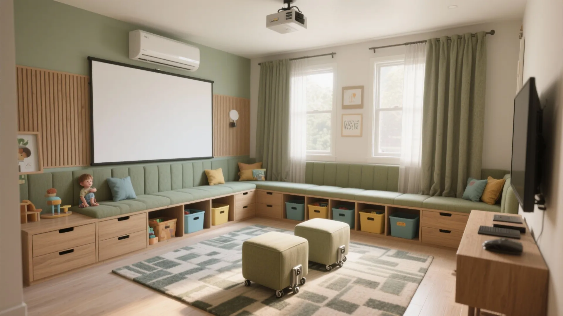 Modern playroom with green seating, wooden storage cabinets, projector screen, two footrests, and patterned rug