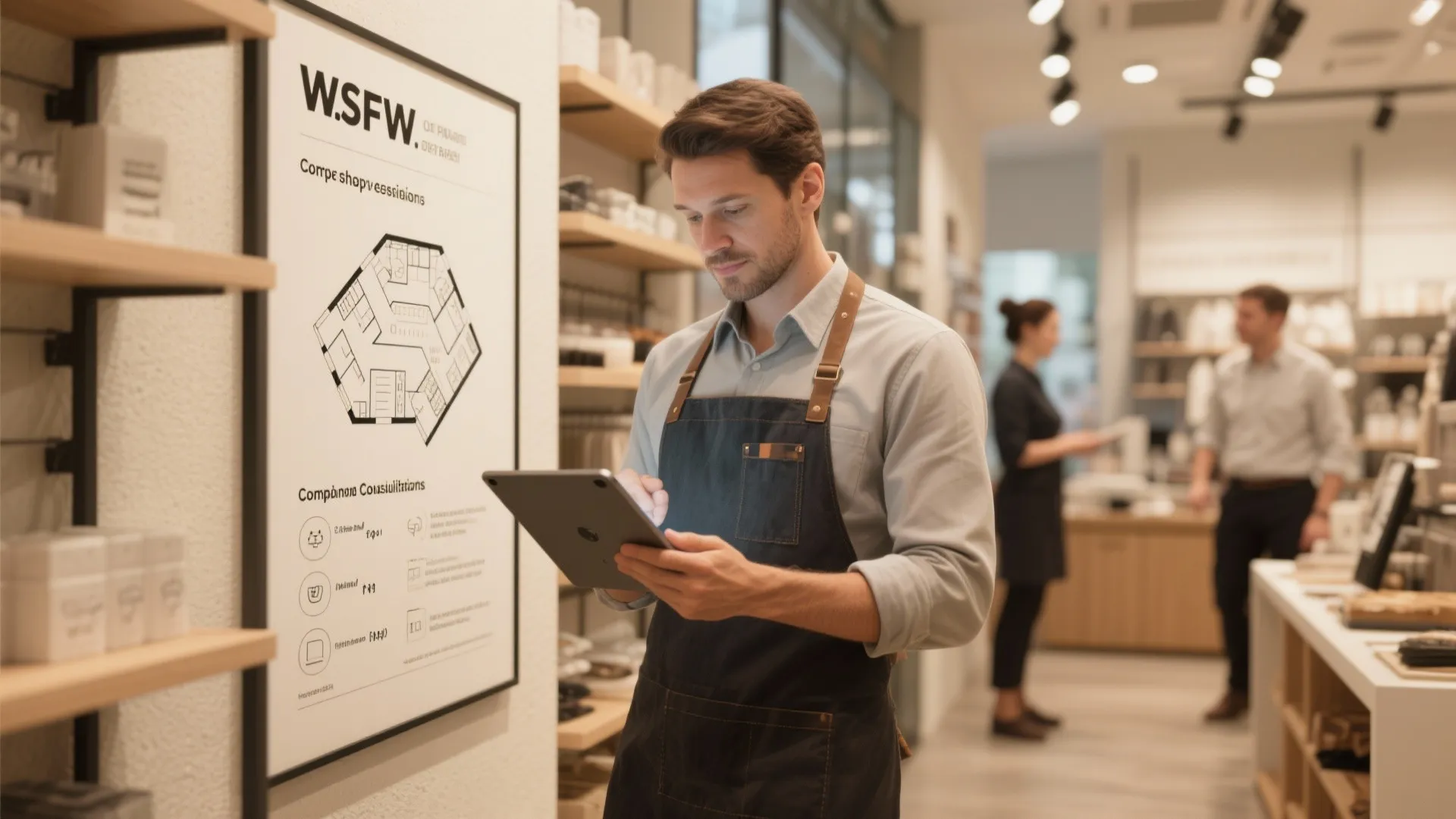 Shop owner reviewing a tablet with a compact floorplan and FAQ guidance beside a statement retail wall.