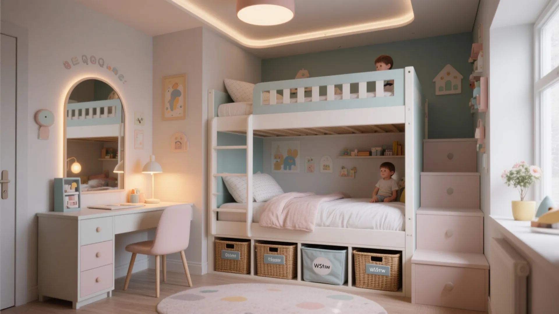 Kids bedroom with white bunk bed pink desk arched mirror storage baskets and a ceiling light