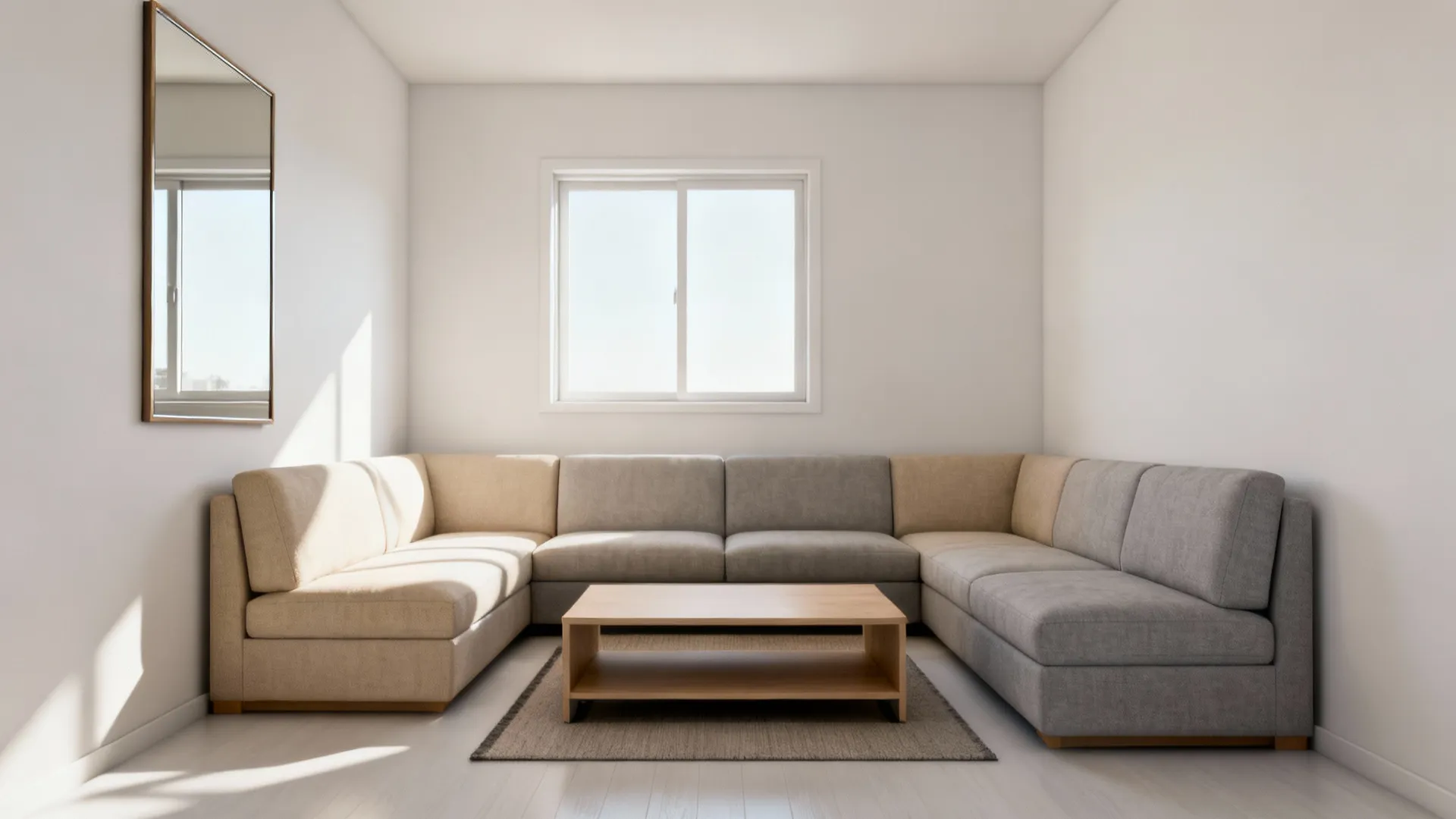 Minimalist living room with large sectional sofa wooden coffee table white walls and bright natural light