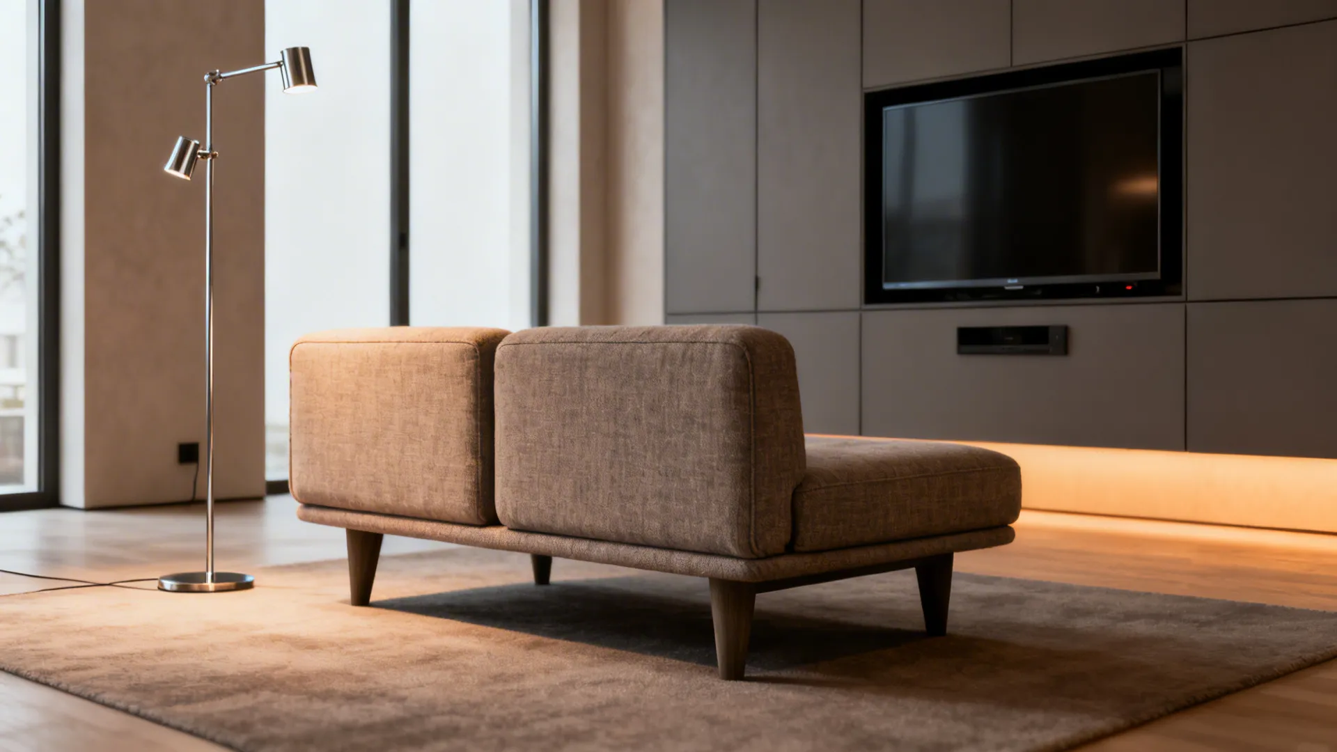 Compact two-seater sofa with elevated legs, wall-mounted TV in cabinetry, and slim lighting showing ideal small-room solutions.