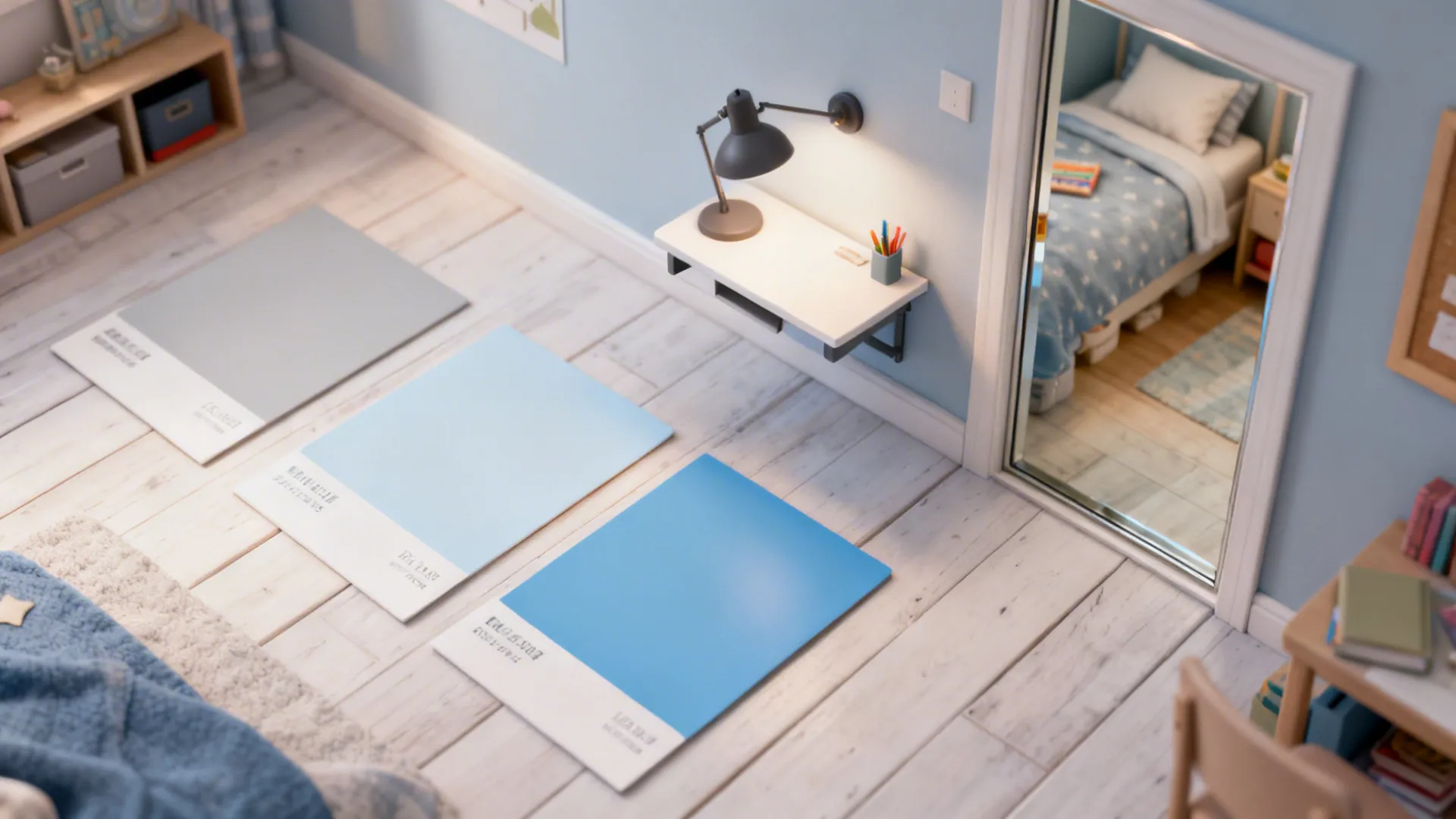 Composition of paint chips, flooring sample, wall-mounted desk and mirror illustrating small-room FAQ answers.