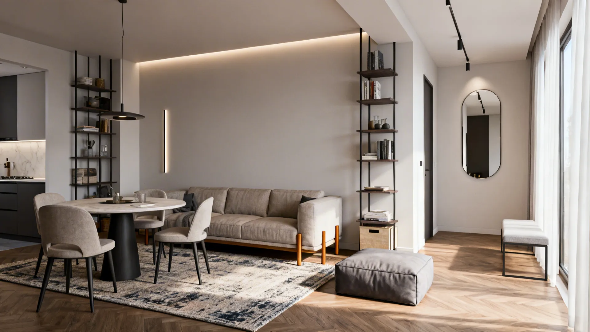 Collage of small-room solutions: round table for four, anchored rug, vertical shelving and continuous flooring