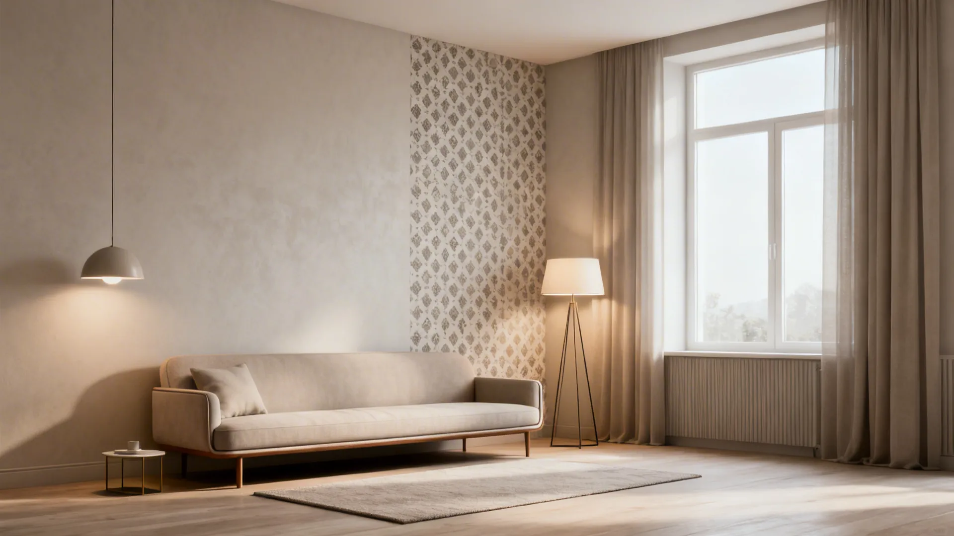 Small room illustrating color palette, low-back sofa, layered lighting and small-scale patterned accent wall.