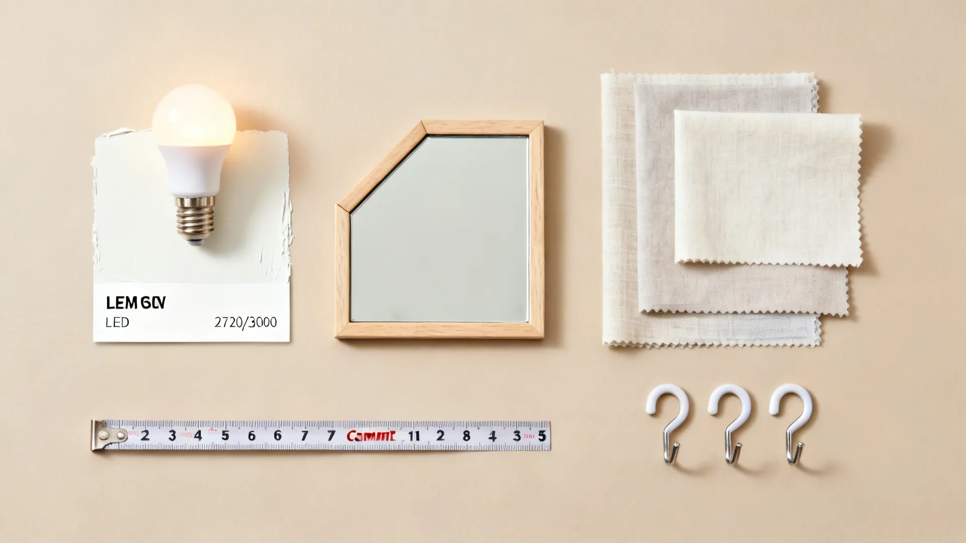 Flatlay with paint swatch, warm LED bulb, mirror frame corner, neutral fabrics, tape, and hooks.