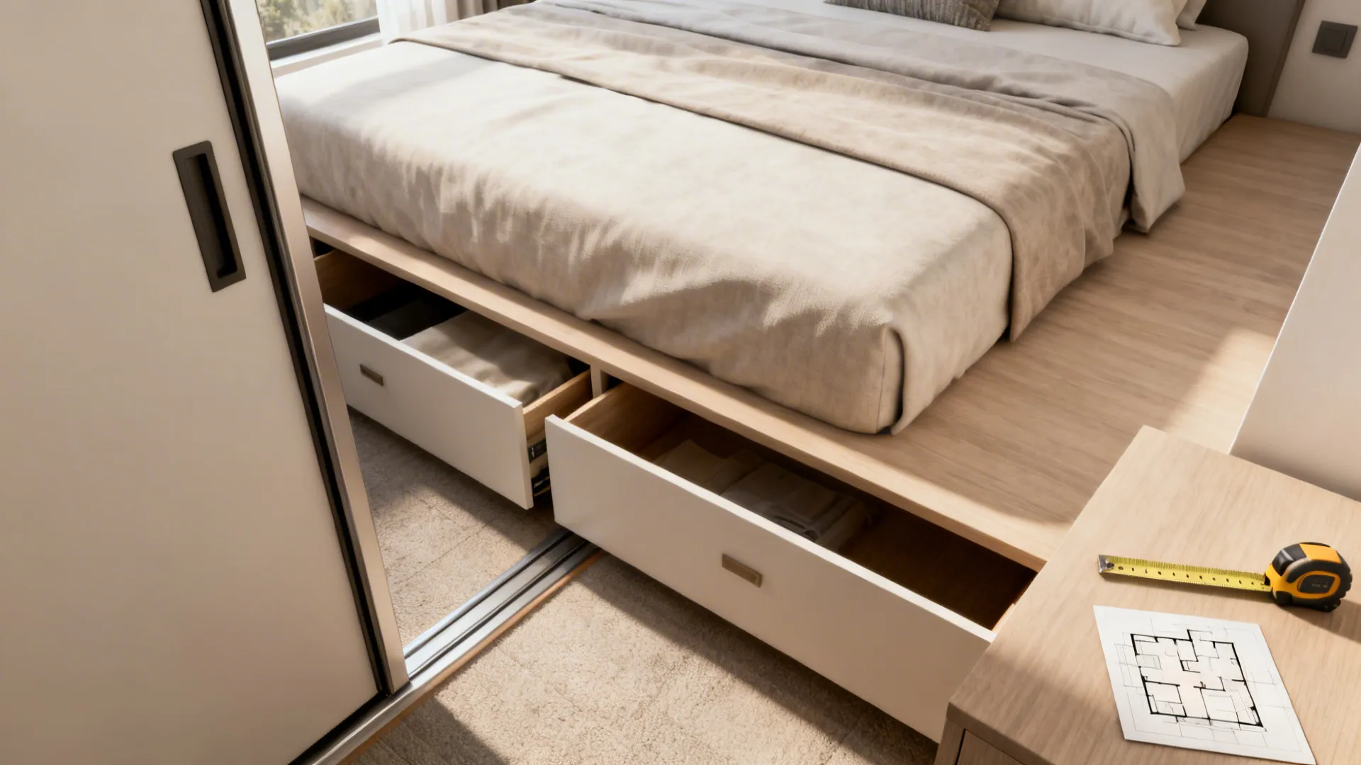 Vignette showing a low platform king bed with drawers, sliding wardrobe door and planning tools for FAQ guidance.