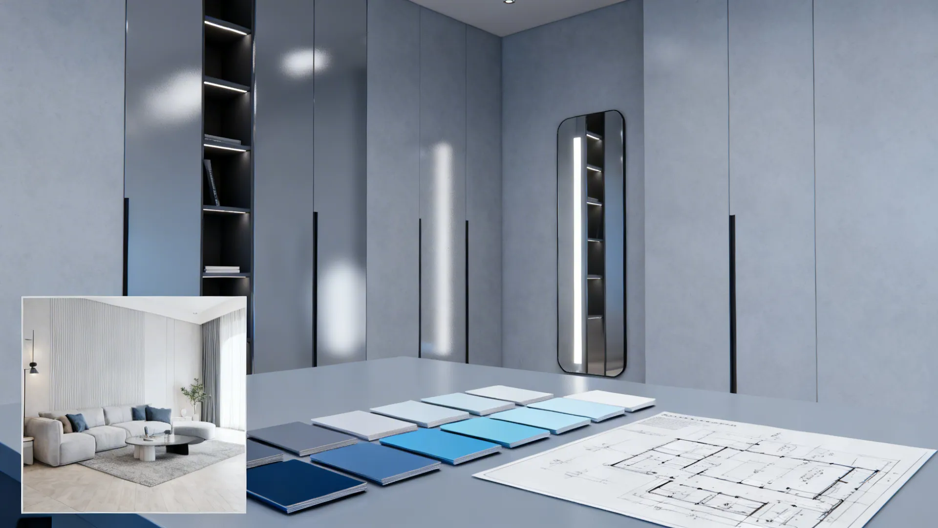 Interior design drawing with blue color tiles and modern living room picture on grey office table.