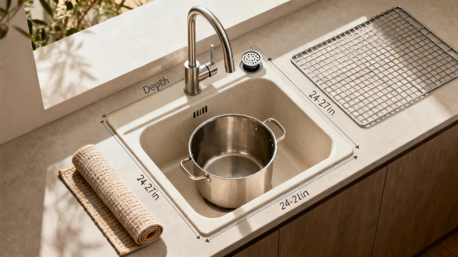 Top-down layout showing a 24–27 inch undermount sink, tall pot, faucet, aerator, and roll-up mat.