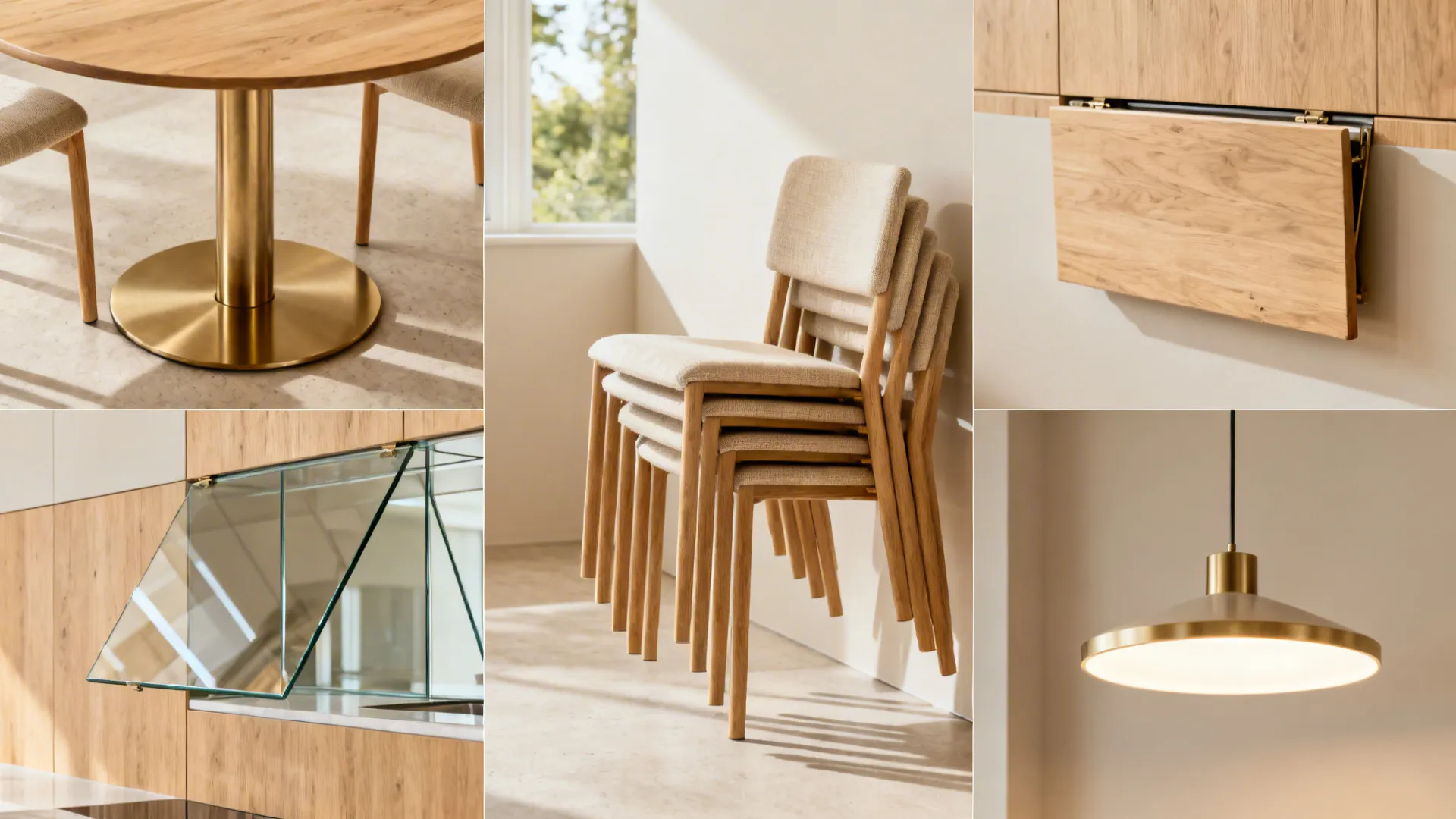 Macro details of pedestal table base, stackable chairs, drop-leaf mount, and LED pendant for small-space solutions.