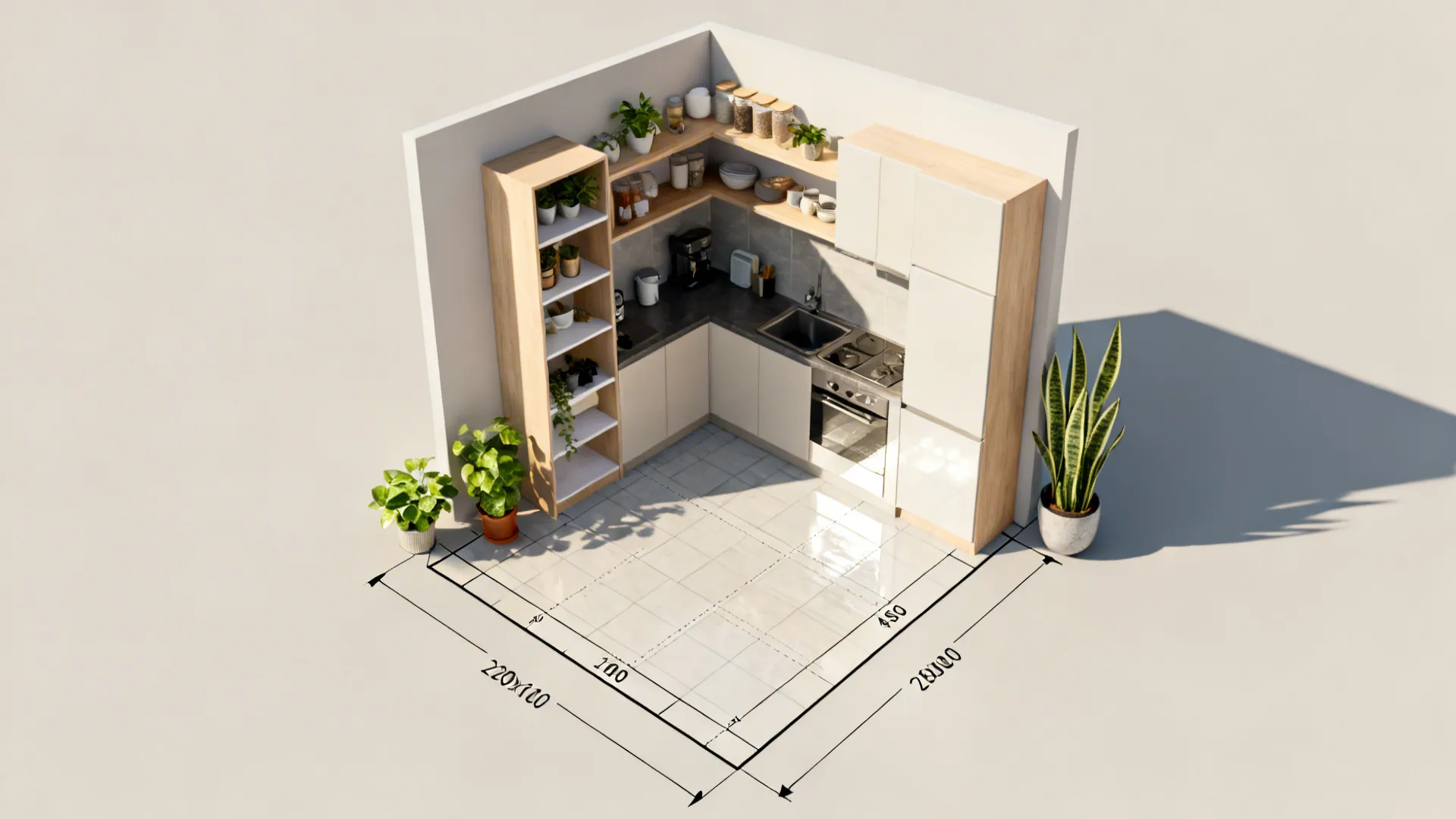 Montage showing small-kitchen, plants, floor plan overlays and human-scale furniture for FAQs
