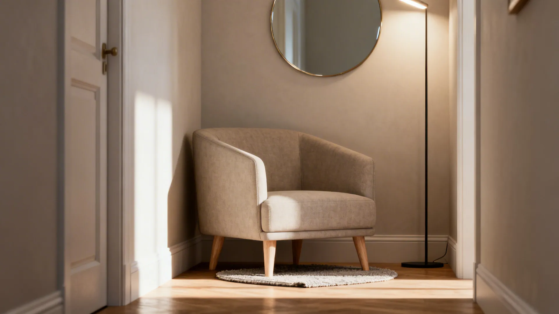 Compact loveseat with exposed legs, rug and mirror illustrating small-space design tips