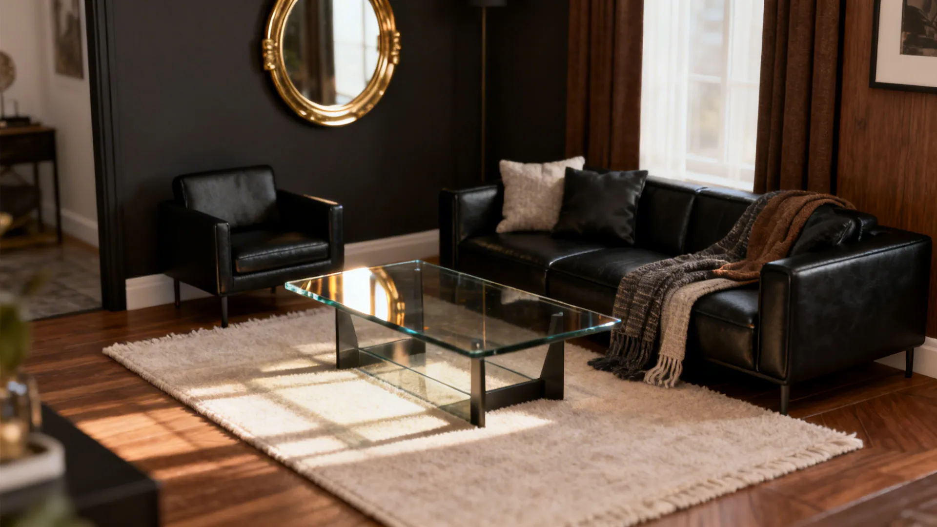 Vignette showing pale rug, glass table and brass mirror to illustrate small-room tips for black and brown palettes.