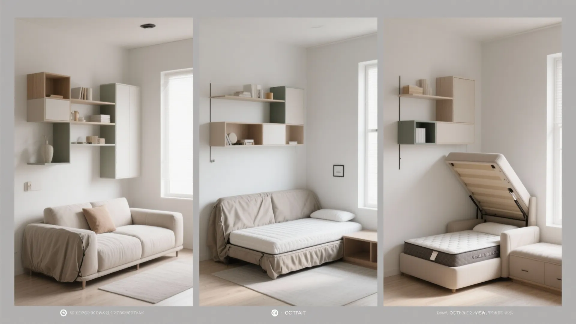 Three images showing a cream sofa transforming into a bed and having under bed storage