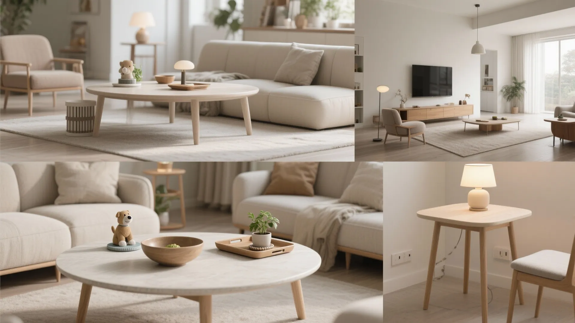 Modern minimal living room interior design with wood coffee table cream sofa and table lamp