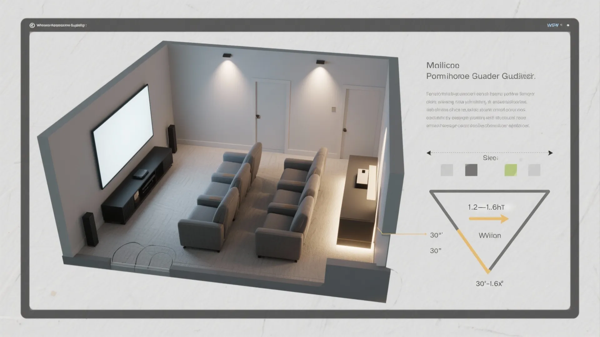 Interior design drawing of home theater with two rows of sofas and wall light fixtures