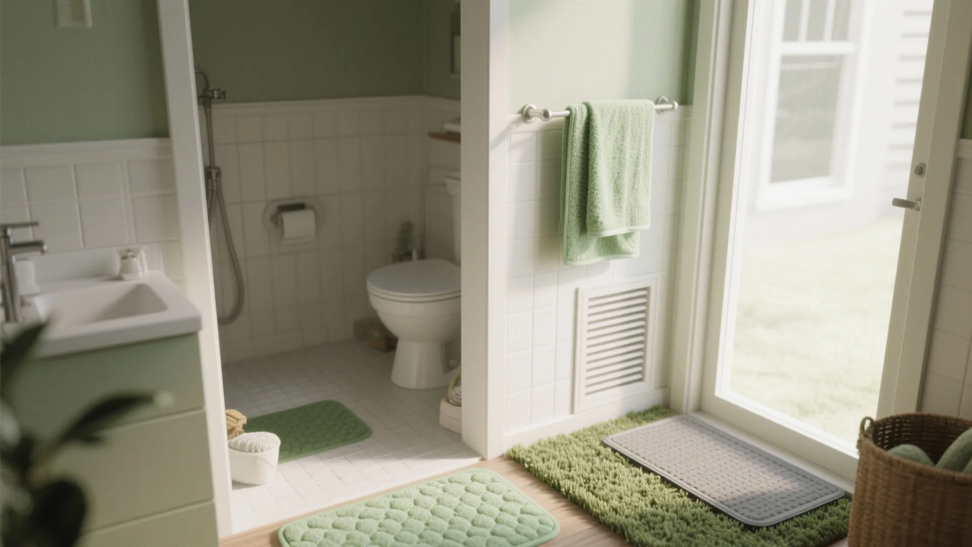 Small bathroom illustrating FAQ tips: drying mats, non-slip pads, and material choices like memory foam and indoor-outdoor rugs.