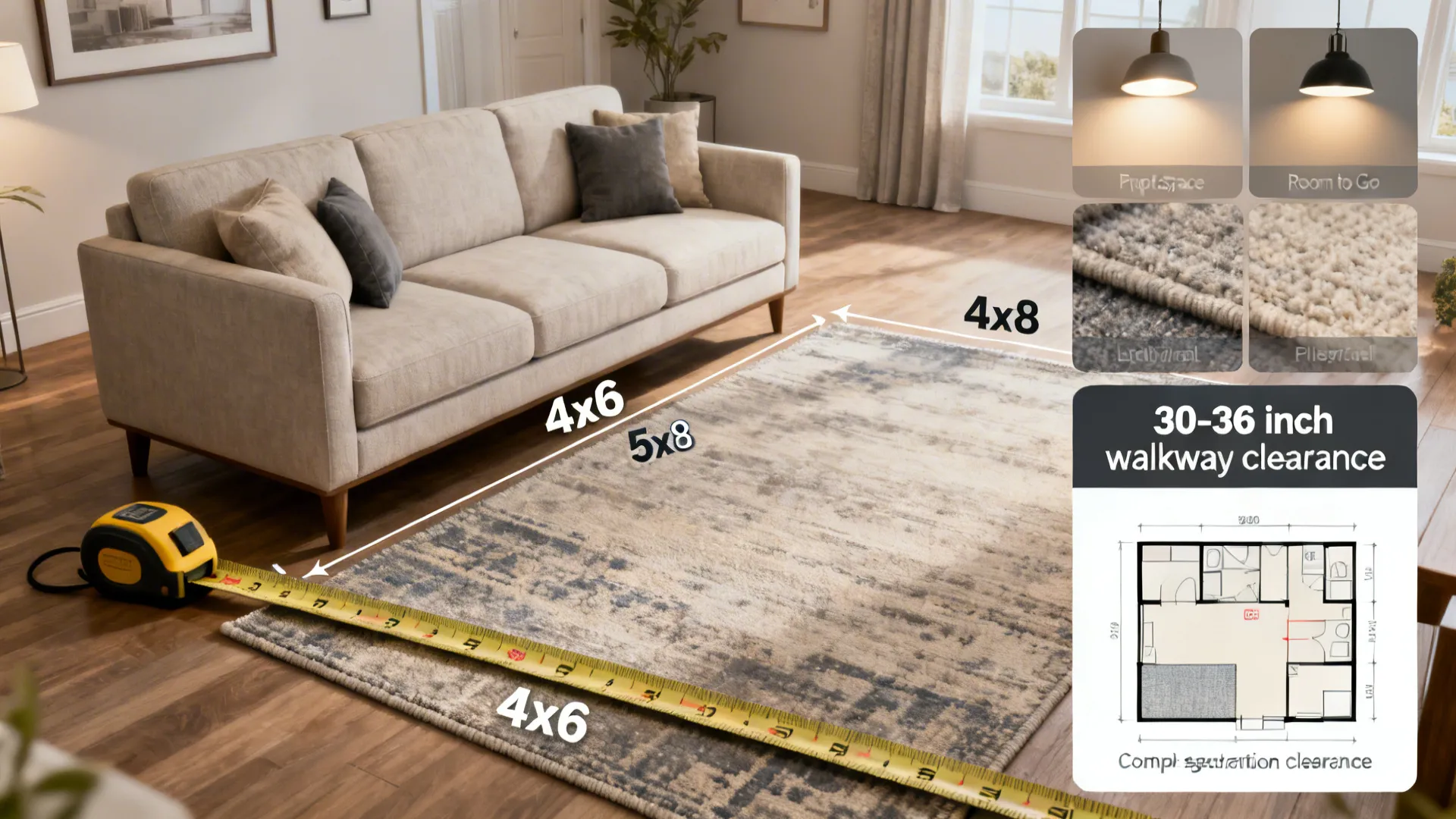 Collage showing rug sizes, walkway clearances, and layered lighting tips for small living rooms