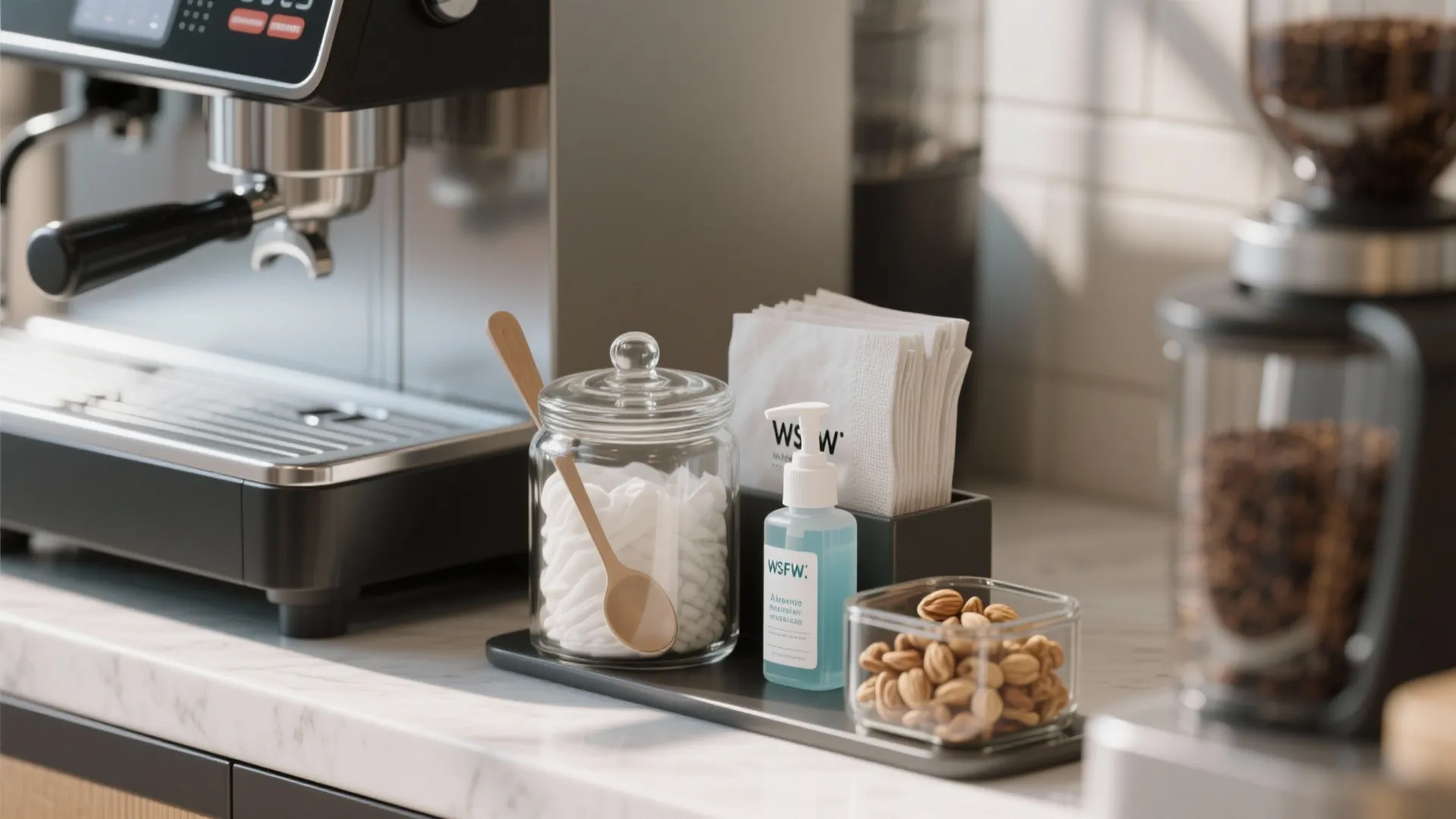 Coffee machine station with glass jar of cotton pads blue hand sanitizer and small snacks