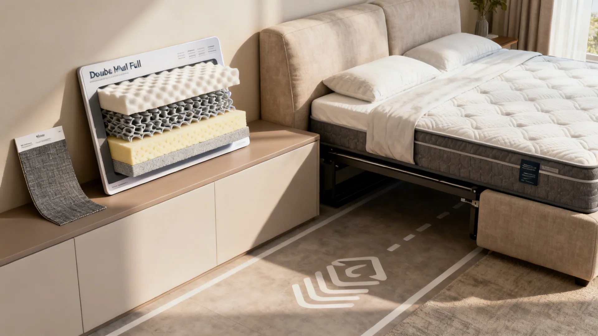 Diagram showing different foam layers of a mattress next to a bed on a cabinet