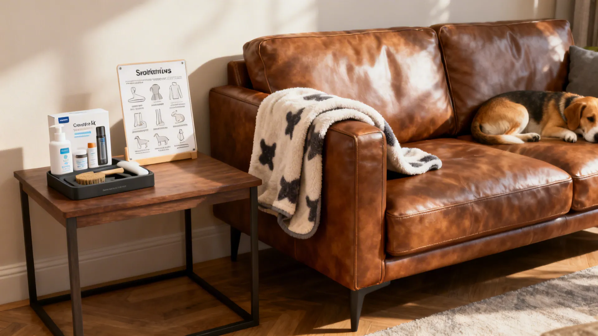 Leather sofa with pet throw and conditioning kit illustrating care and sizing tips for small living rooms.