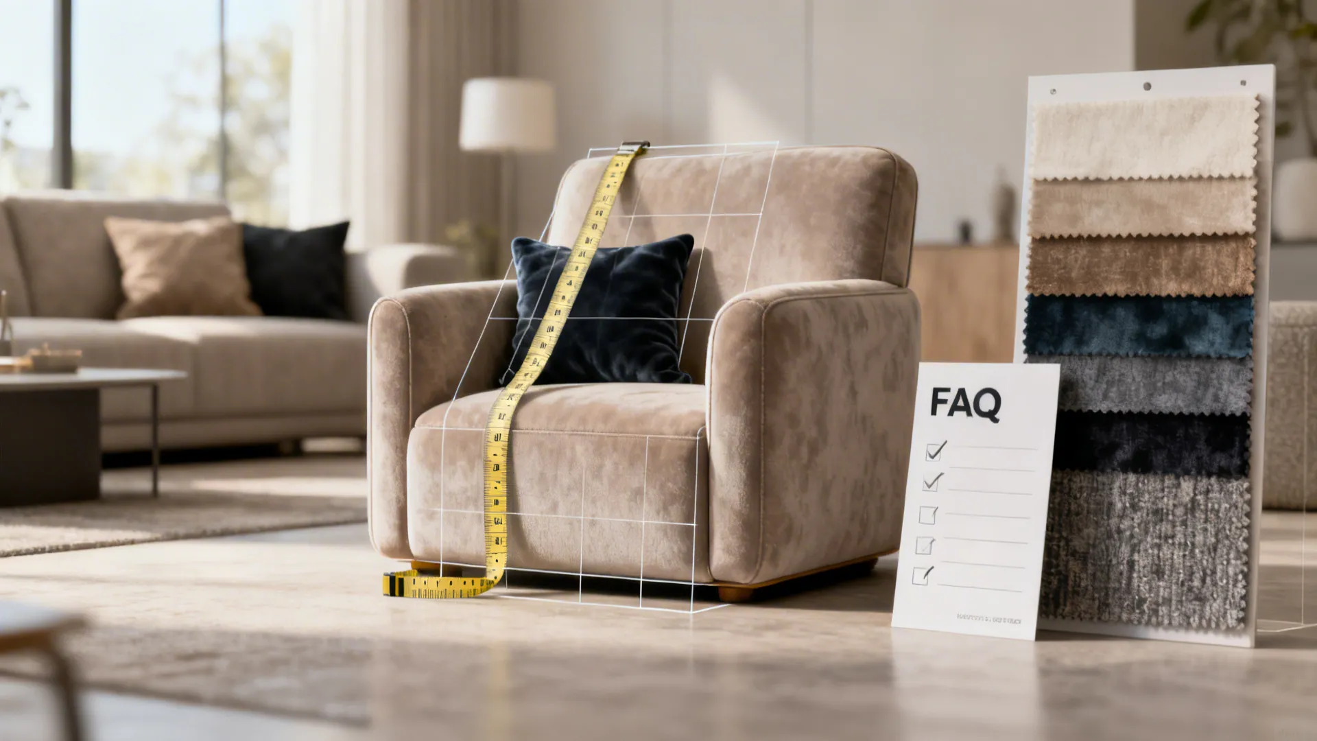 Compact sofa with measurement tools and fabric swatches illustrating common FAQ about sizing and upholstery
