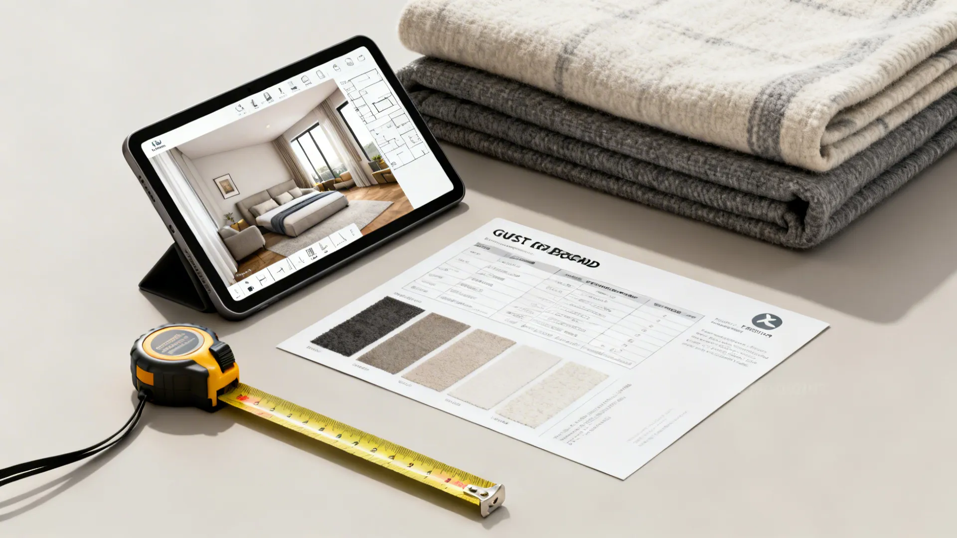 Tablet with 3D planner and sofa-bed spec sheet with measuring tape and blanket.