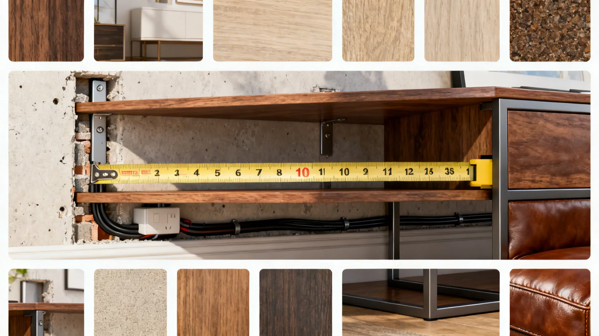 Collage of measuring tape, shelf anchors, cable raceway and material samples answering sofa table FAQs.