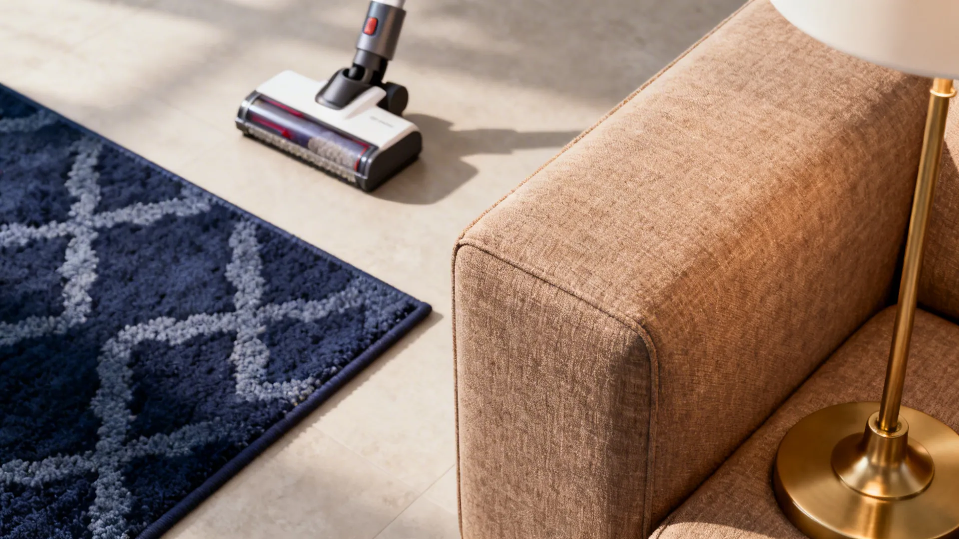 Styling vignette showing a light brown sofa, durable fabric details, navy rug sample and brass lamp.