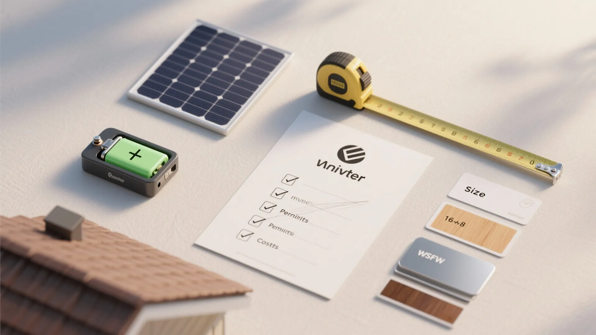 3D icons of a solar panel measuring tape battery and checklist for home energy planning