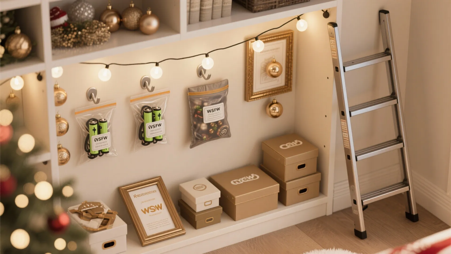 White storage shelf with christmas balls light string ladder and organized boxes for home storage