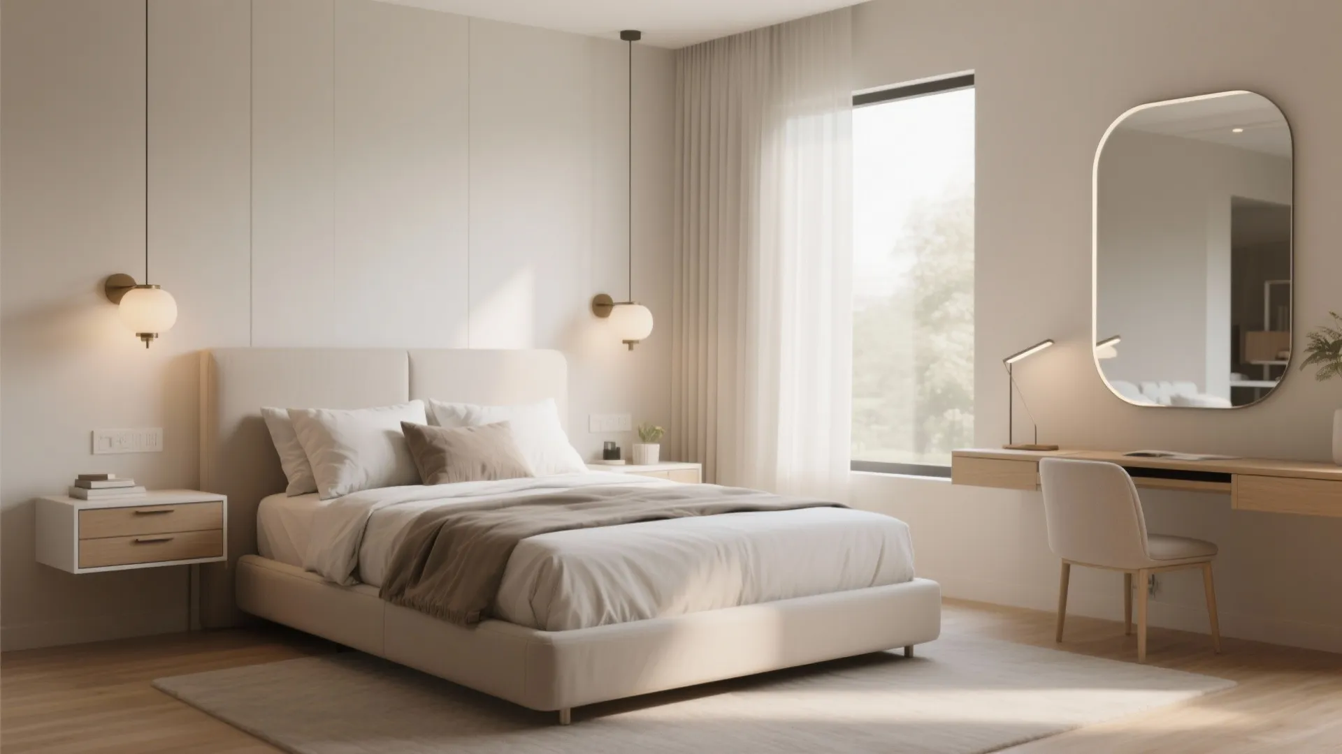 Minimalist bedroom featuring cream bed wall light desk with chair mirror and soft natural light
