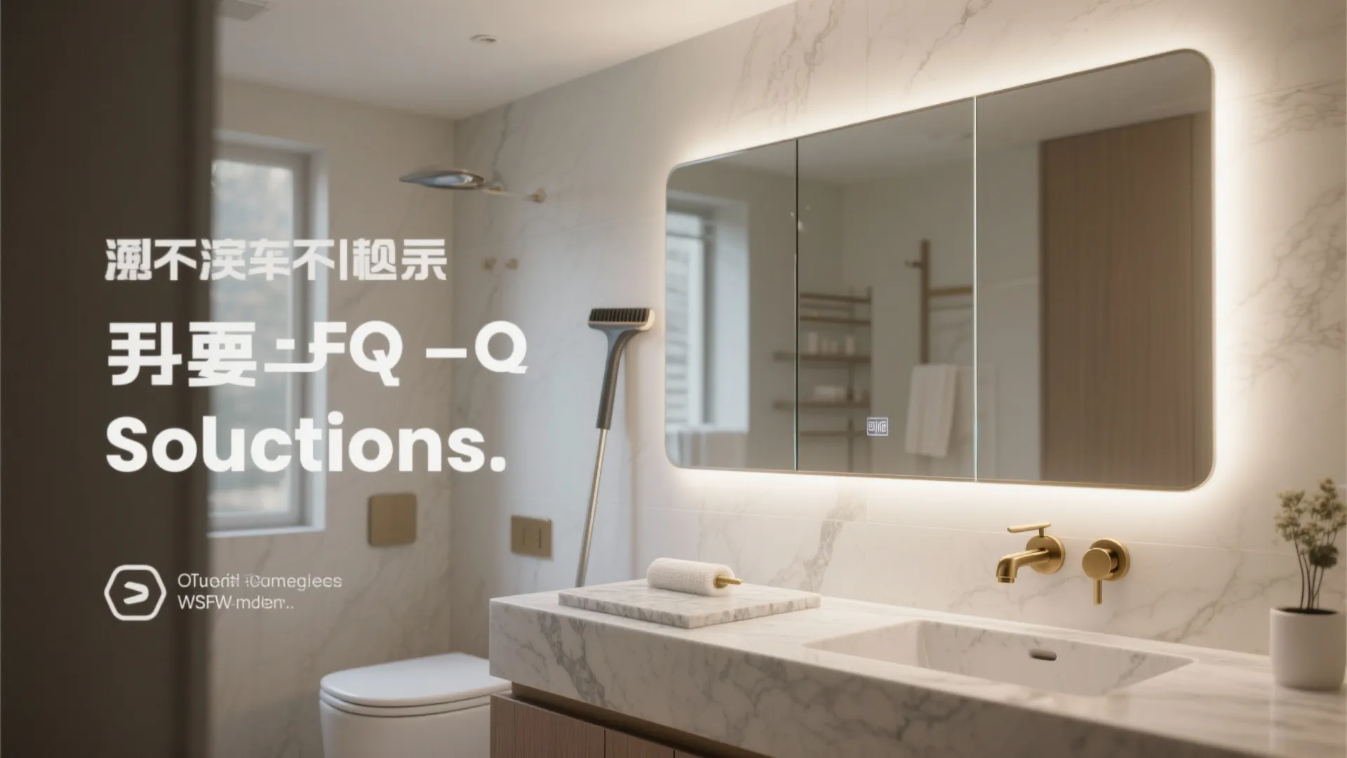 Modern bathroom with marble walls backlit mirror white toilet and gold water tap on marble sink