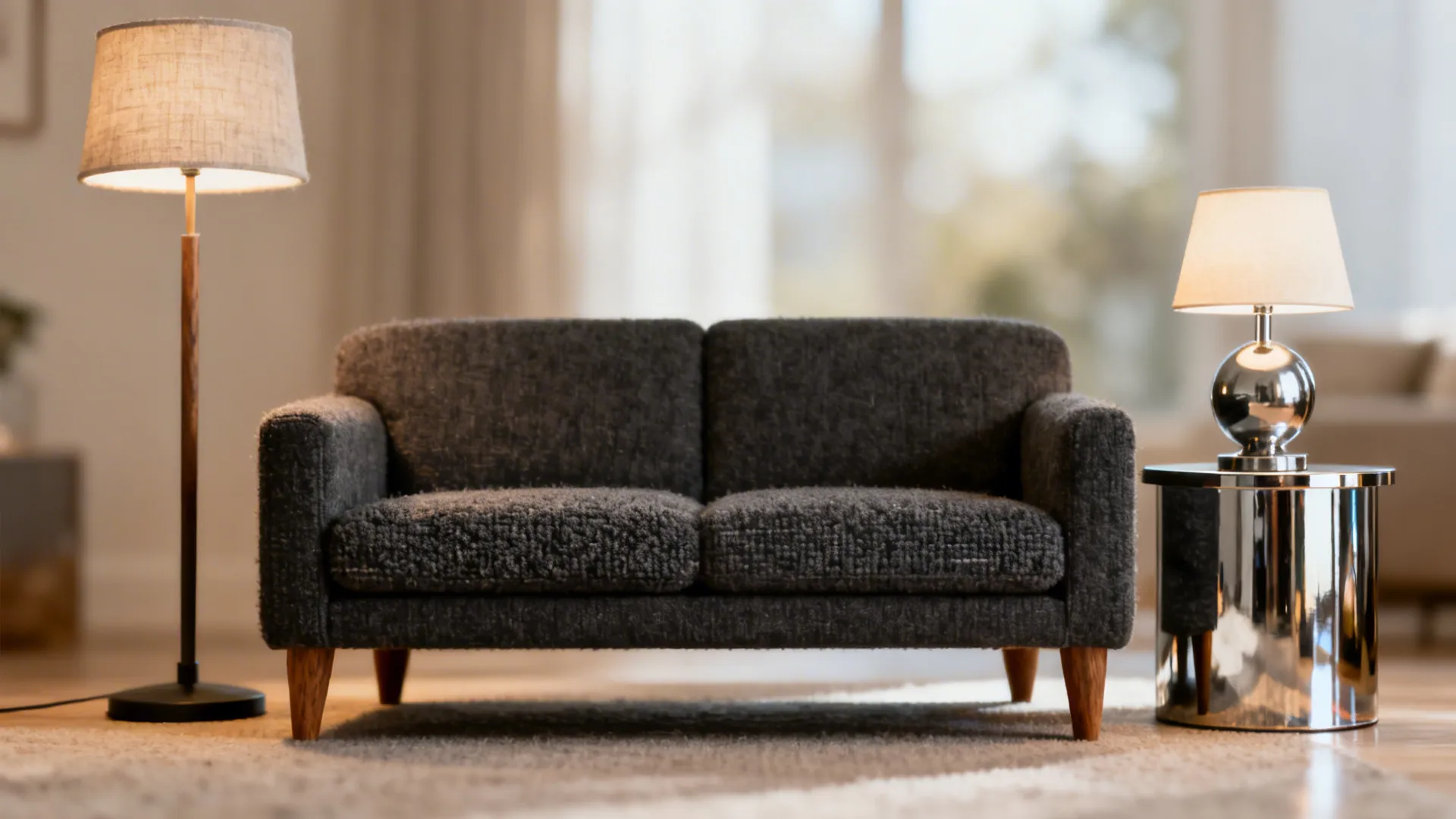 Living room examples showing lighting, lifted sofa legs and fabric swatches for FAQ solutions