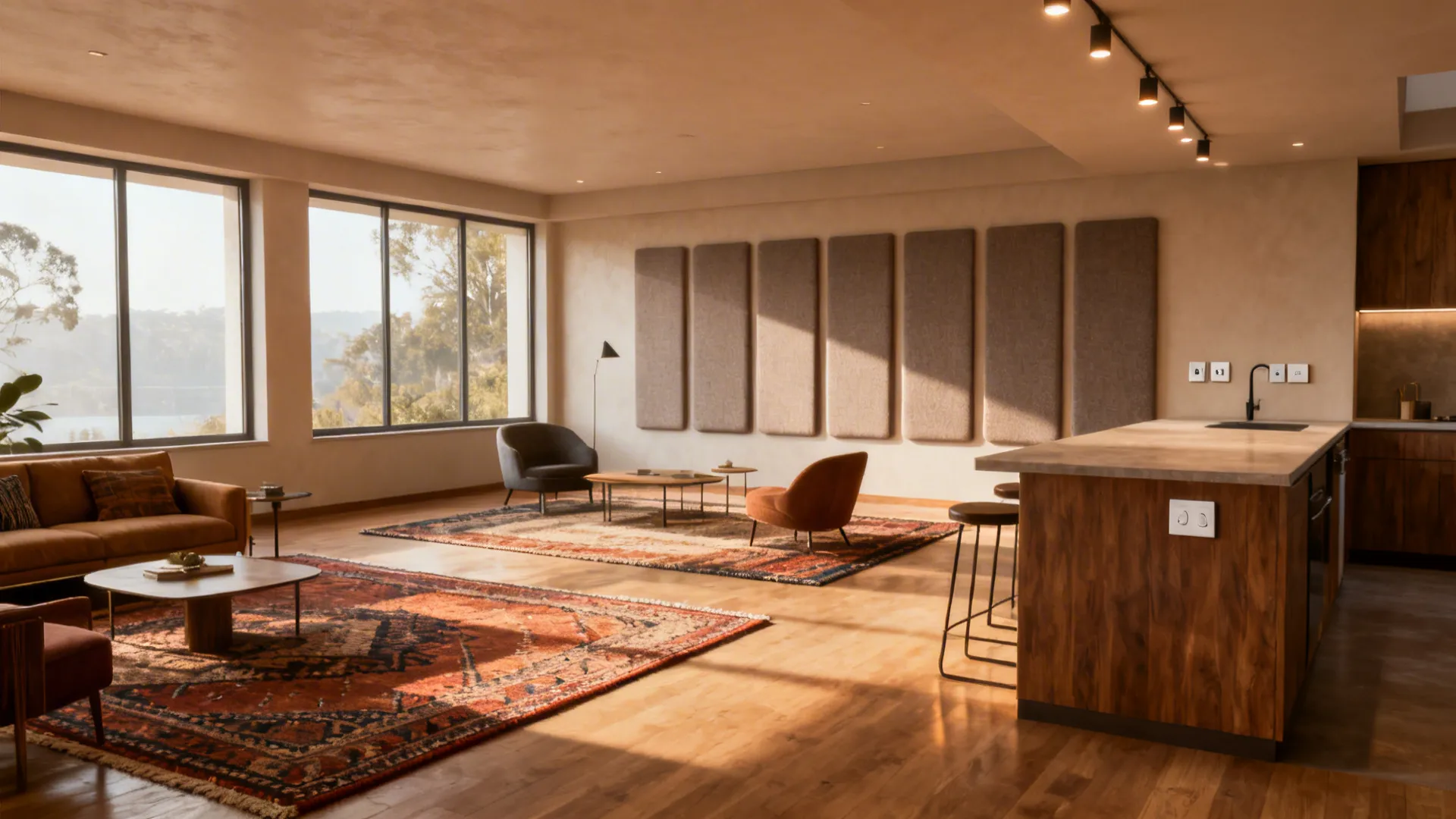 Collage of practical solutions for open-plan living: zoning, acoustic panels, peninsula, and layered lighting.