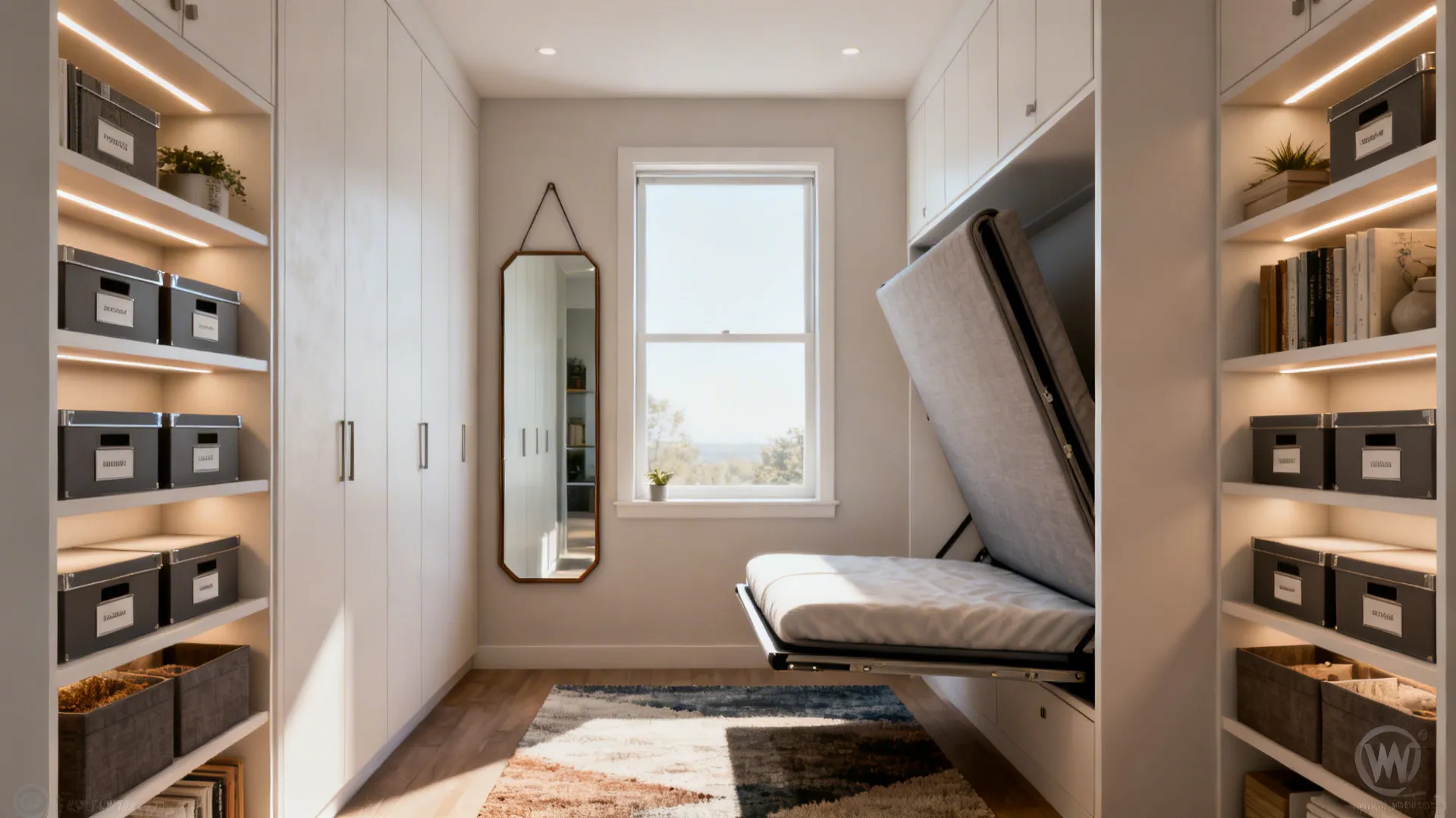 Collage of small-space design solutions: storage zones, mirror, Murphy bed, layered lighting and rugs.