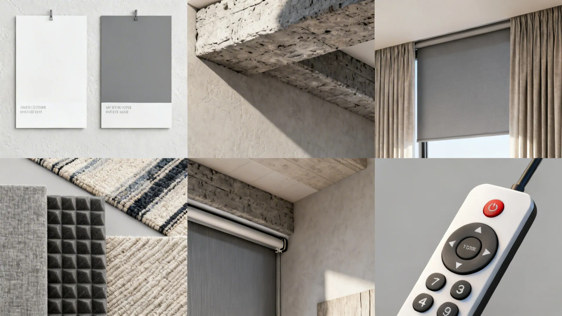 Collage showing paint swatches, acoustic textiles, faux beam detail, and motorized shade remote for vaulted rooms.
