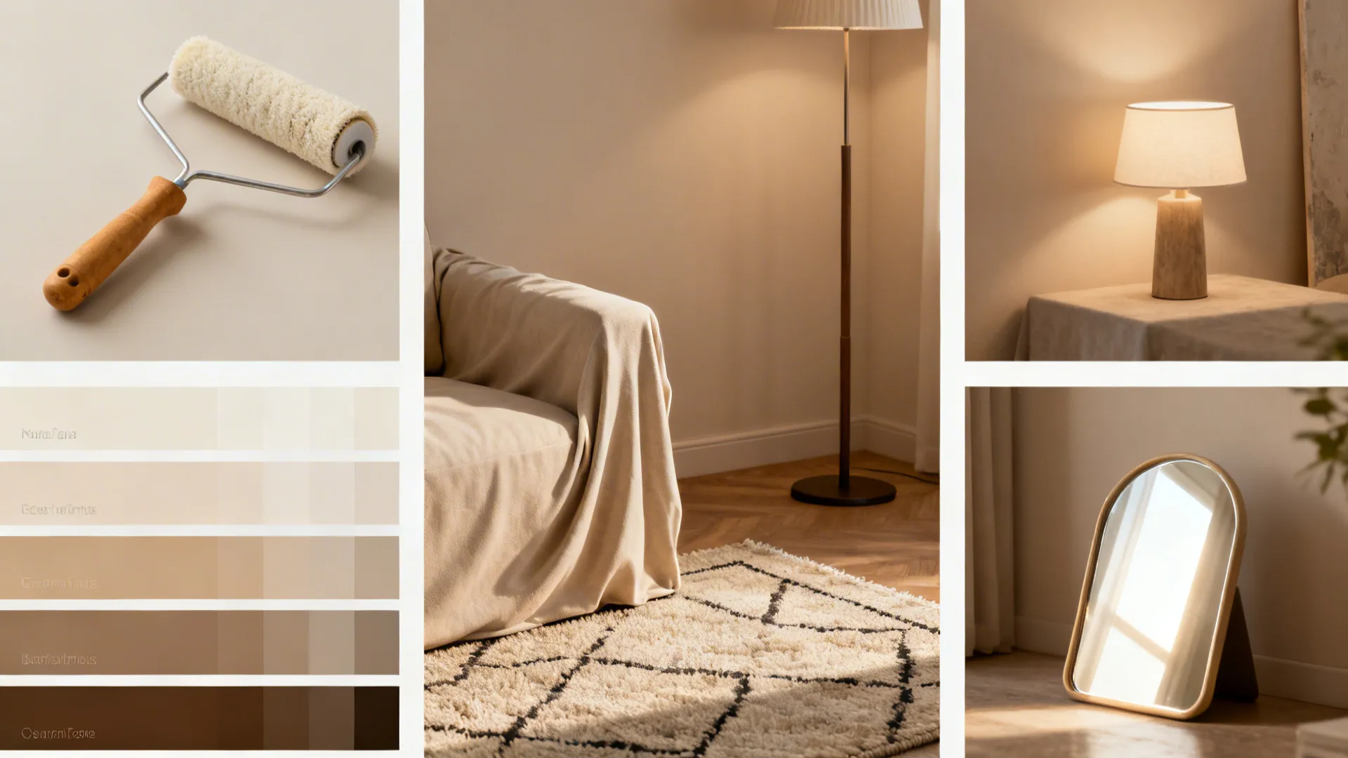 Collage showing paint roller beige sofa floor light table light mirror and wall color swatches