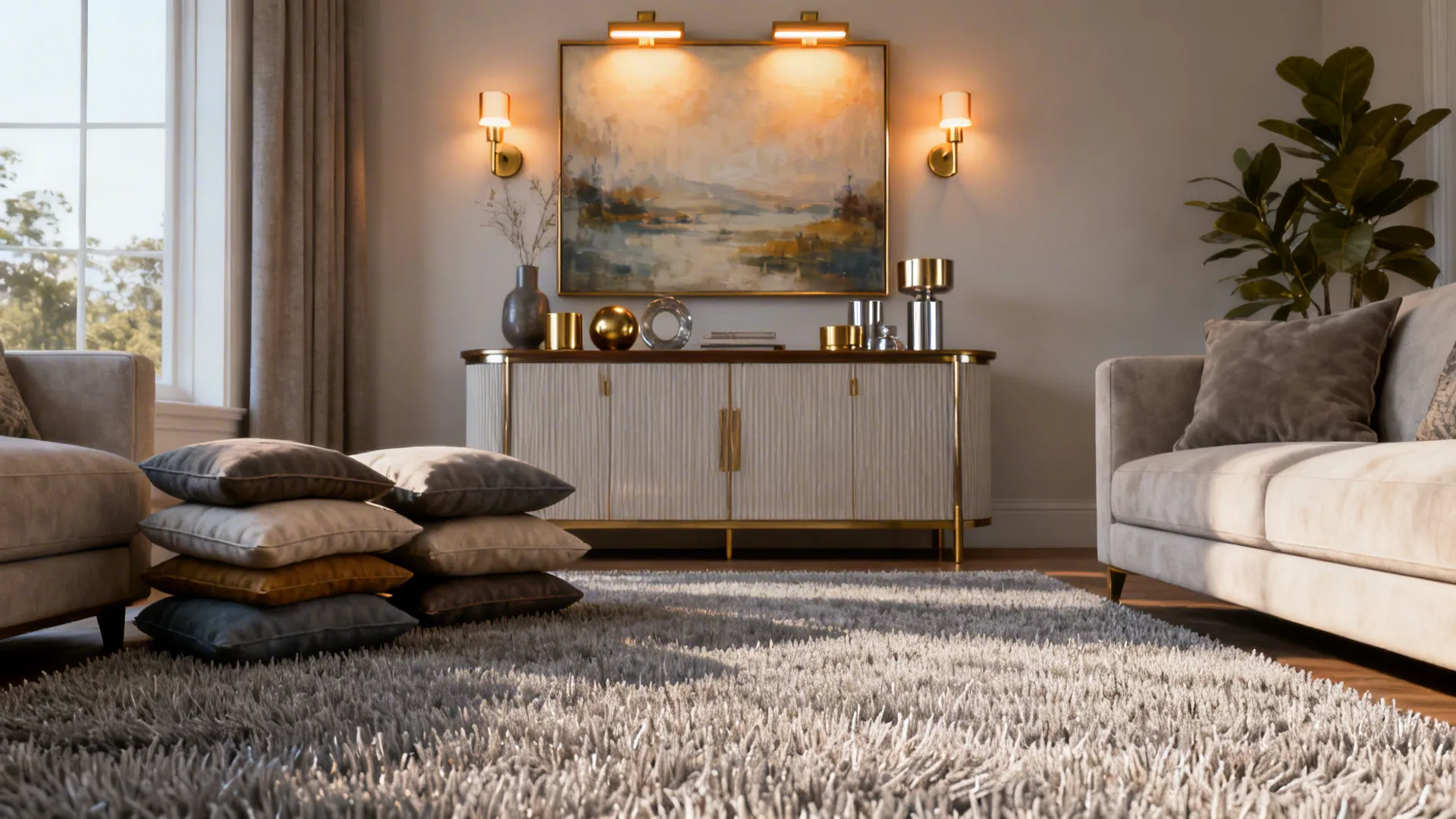 Living room vignette showing washable textiles, stain-resistant rug and mixed metals with accent lighting